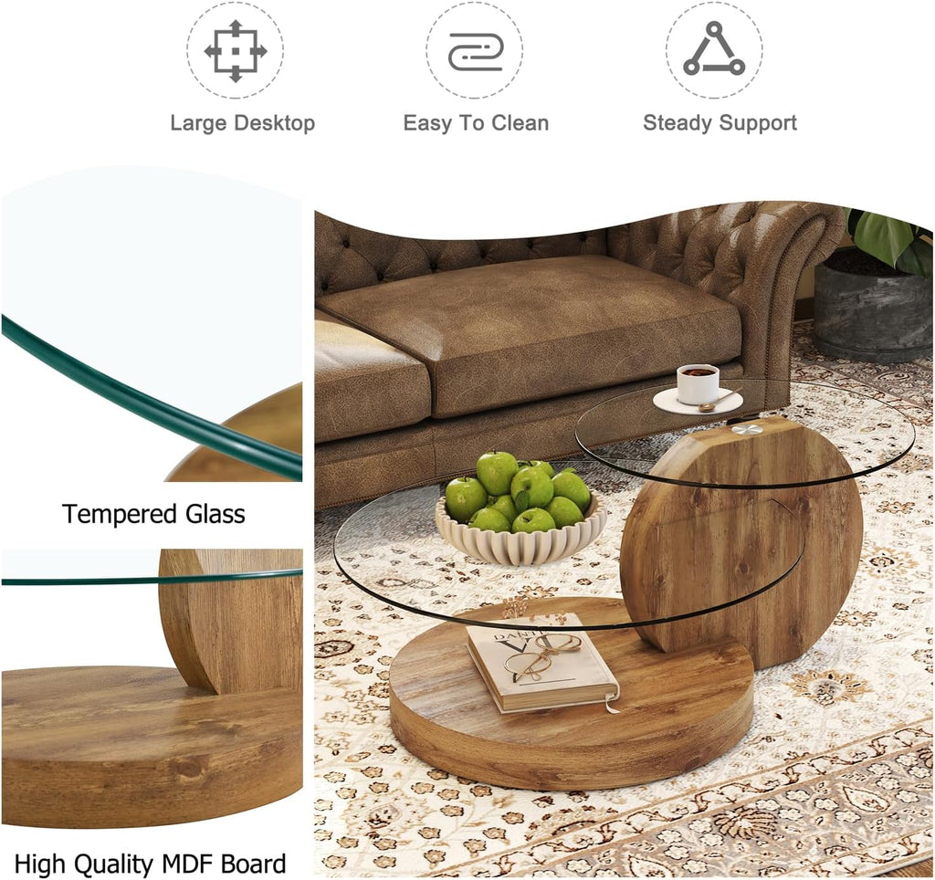 42 Inches Glass Coffee Table, Modern Round Tempered Glass Coffee Tables for Living Room, 3-Tier Circle Wood Coffee Table with Storage Clear Cocktail Table for Small Space Home Office (Wood)