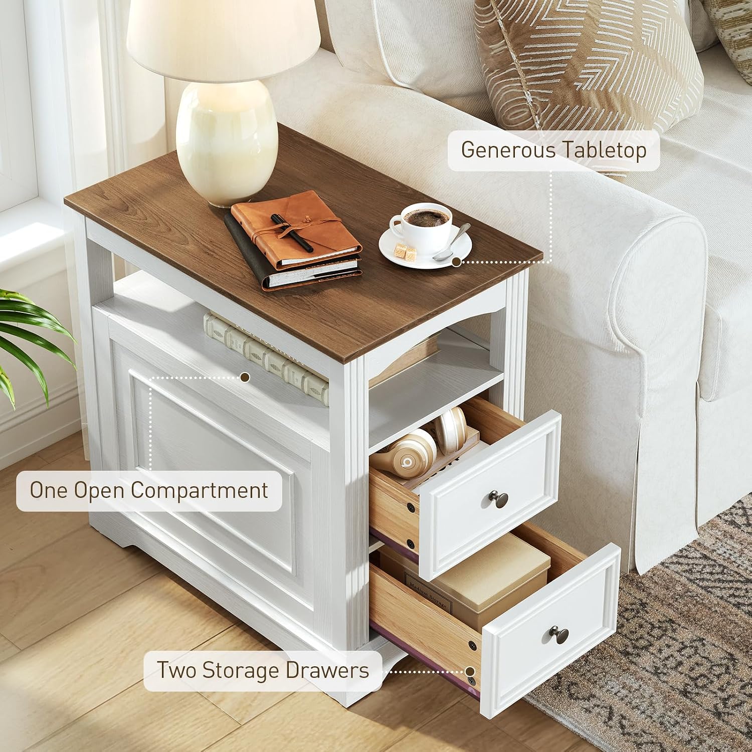 RALGEND Farmhouse End Table Set of 2, Narrow Sofa Side Table with 2 Drawers and Open Shelf, Wooden Nightstand with Storage for Small Spaces, Bedroom, Living Room, White and Walnut