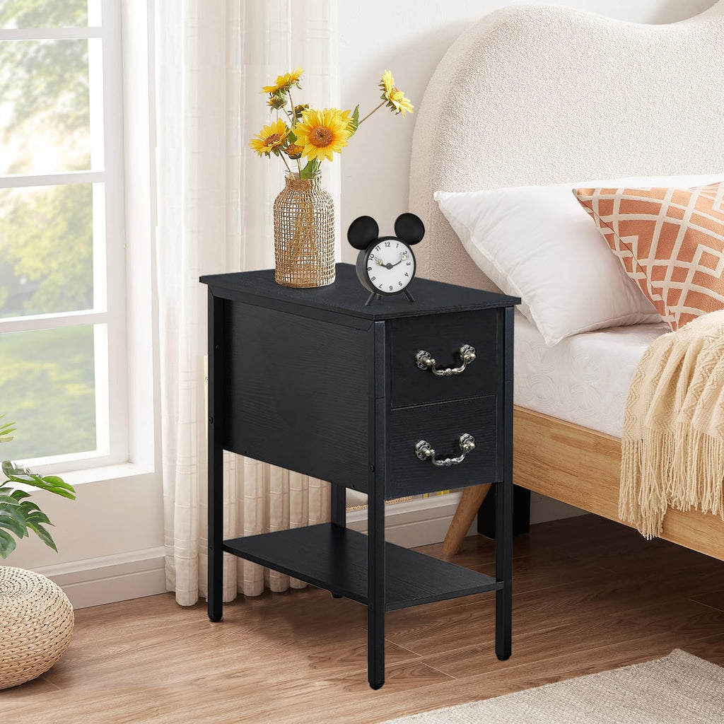 VECELO End Tables,Narrow Nightstand with Drawers and Storage Shelf,Modern Night Stand for Small Spaces, Living Room,Bedroom，Black