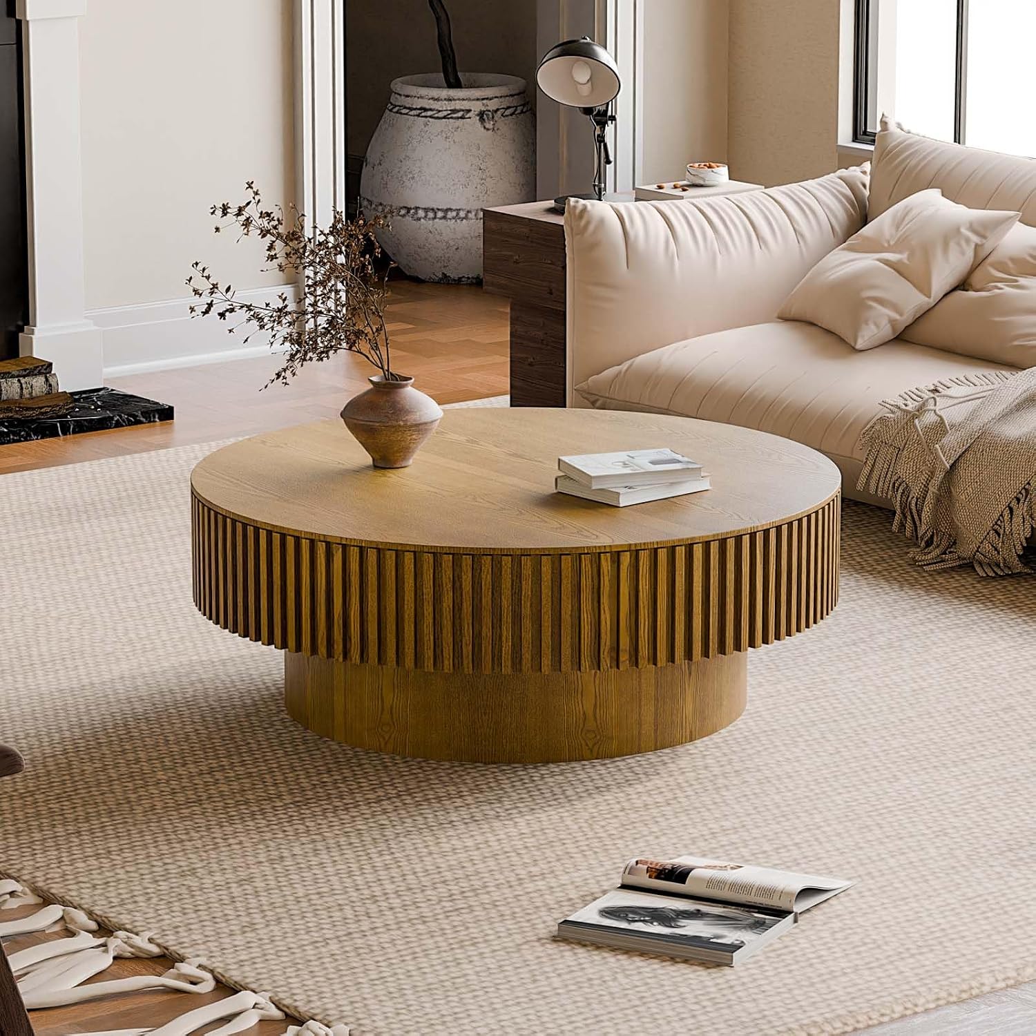 39'' Round Coffee Table with Storage, Modern Wooden Coffee Table with Solid Wood Veneered, Circle Center Table Accent Tea Table for Living Room Apartment Brown