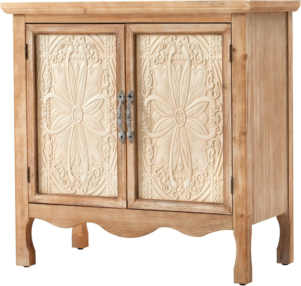 RoyalCraft Sideboard Buffet Kitchen Storage Cabinet, Solid Wood Credenza Accent Cabinet, Cupboard Console Table with 2 Craved Decorated Doors for Dining Room, Living Room, Hallway (Natural)