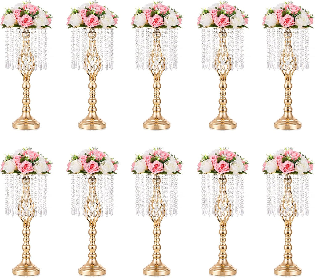 Gold Vases Centerpieces for Wedding: 19.3' Tall Flower Stand with Crystal Patent for Table Center Piece Party Event Set of 10