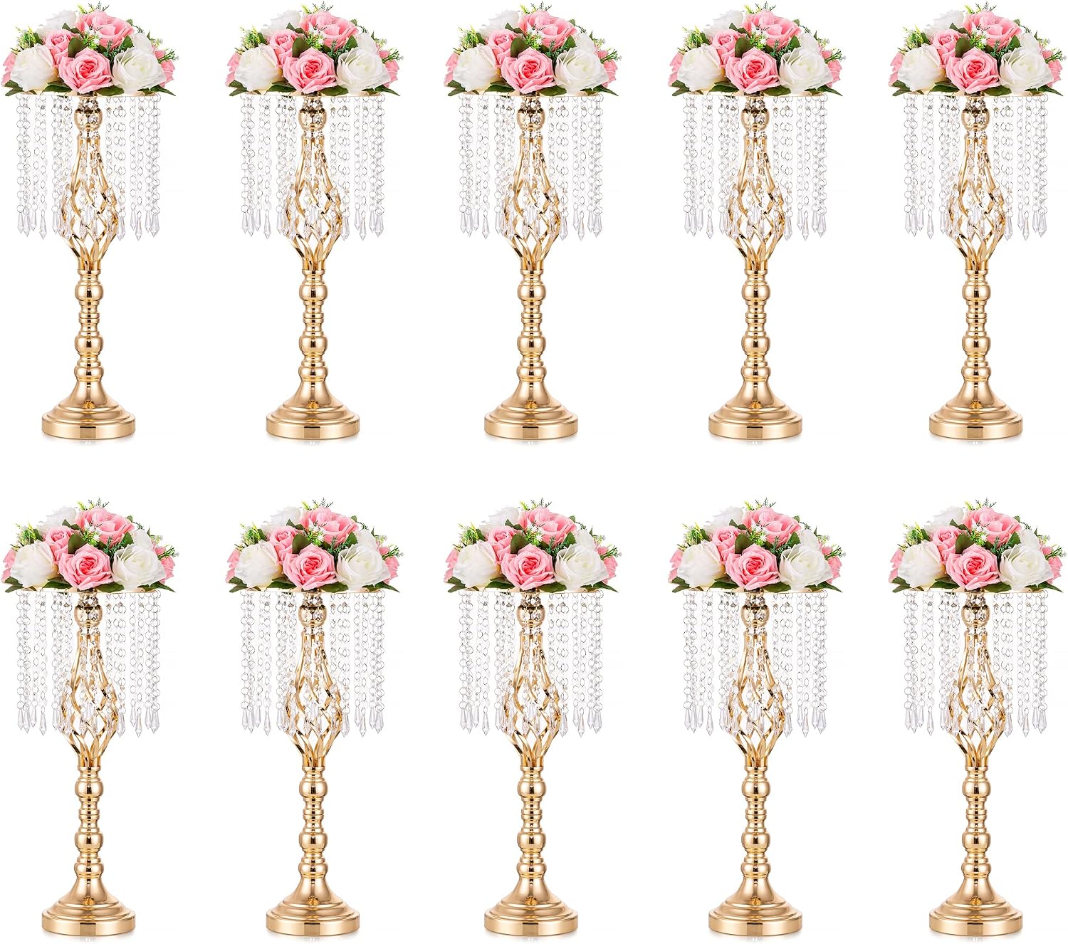 Gold Vases Centerpieces for Wedding: 19.3' Tall Flower Stand with Crystal Patent for Table Center Piece Party Event Set of 10