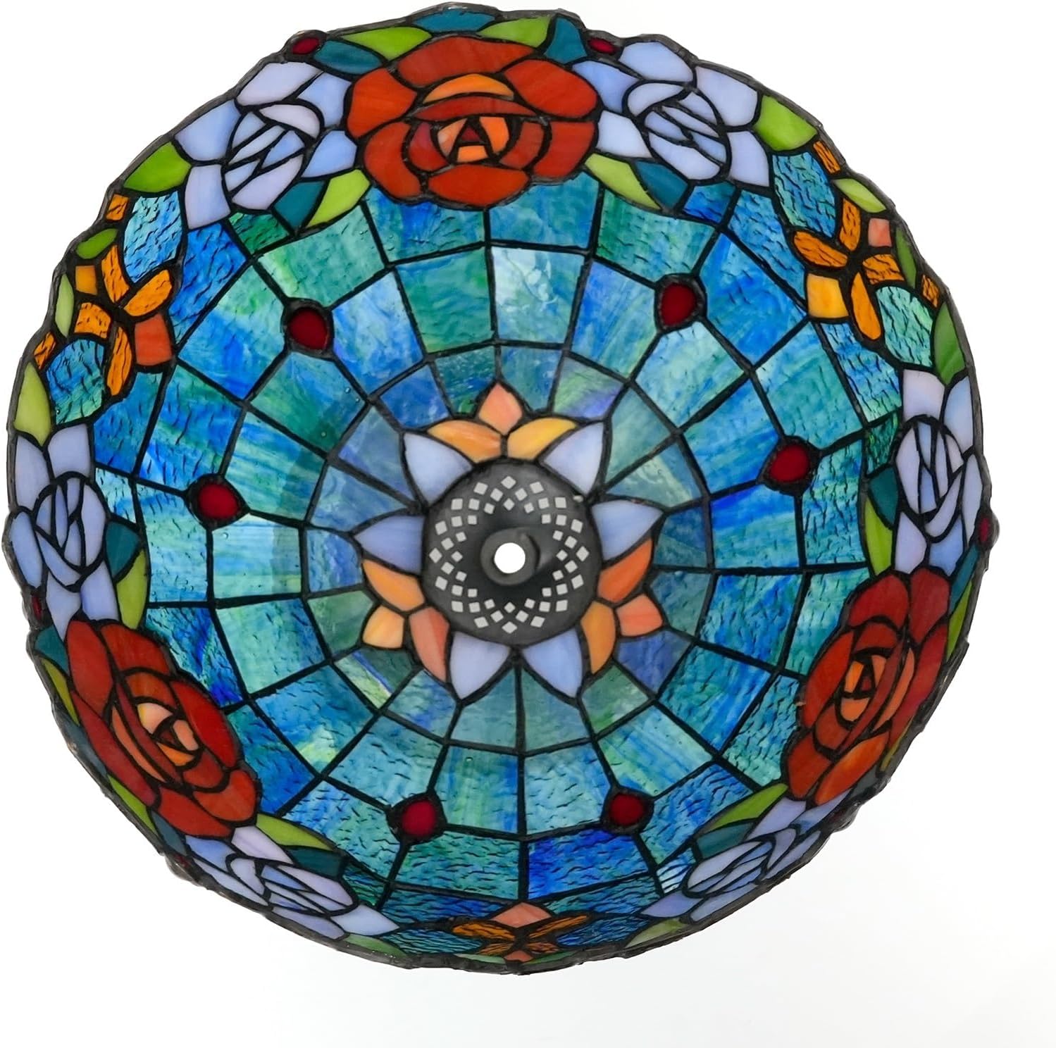 Lamp Shade Replacement 12 Inch Stained Glass Ceiling Light Blue Background Roses Floral Vintage Art Deco For Table Lamps Floor Pendant