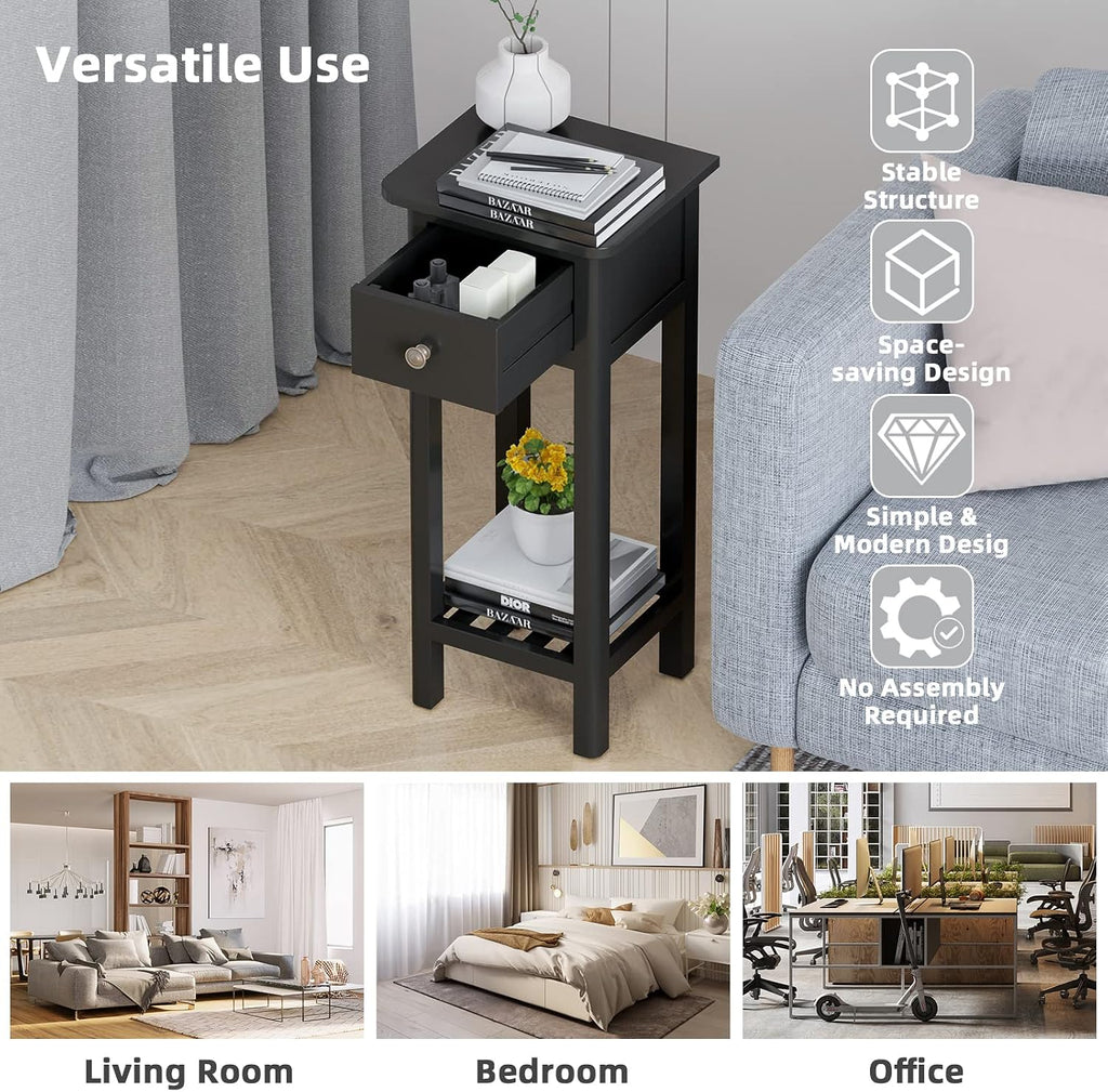 Giantex Tall End Table Set of 2, Narrow Side Table with Drawer and Shelf, Acacia Wood Nightstand for Living Room, 2-Tier Bedside Table for Small Space, No Assembly, Black