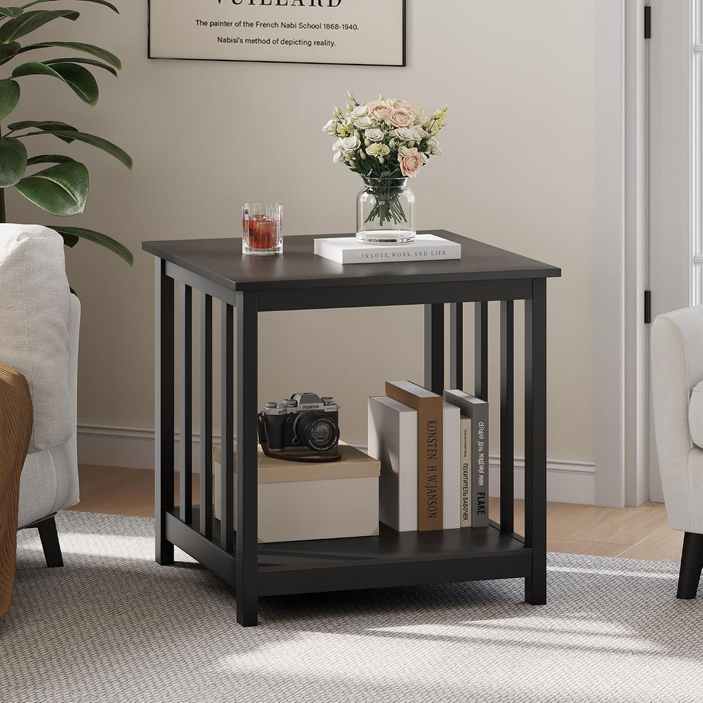Treocho End Tables Living Room Set of 2, 24 Inch Square Side Table with 2-Tier Storage Shelf, Modern Nightstand for Living Room, Bedroom, Office, Black