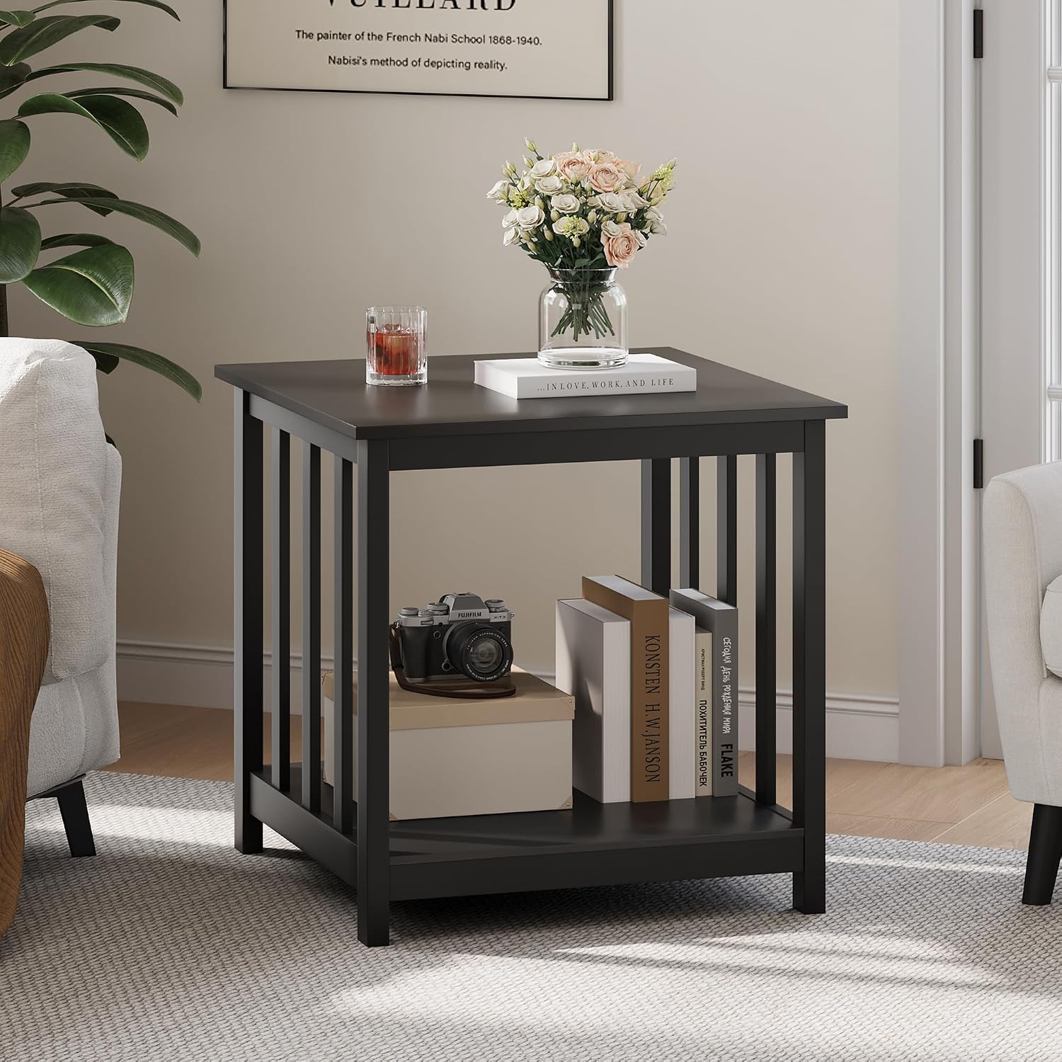 Treocho End Tables Living Room Set of 2, 24 Inch Square Side Table with 2-Tier Storage Shelf, Modern Nightstand for Living Room, Bedroom, Office, Black