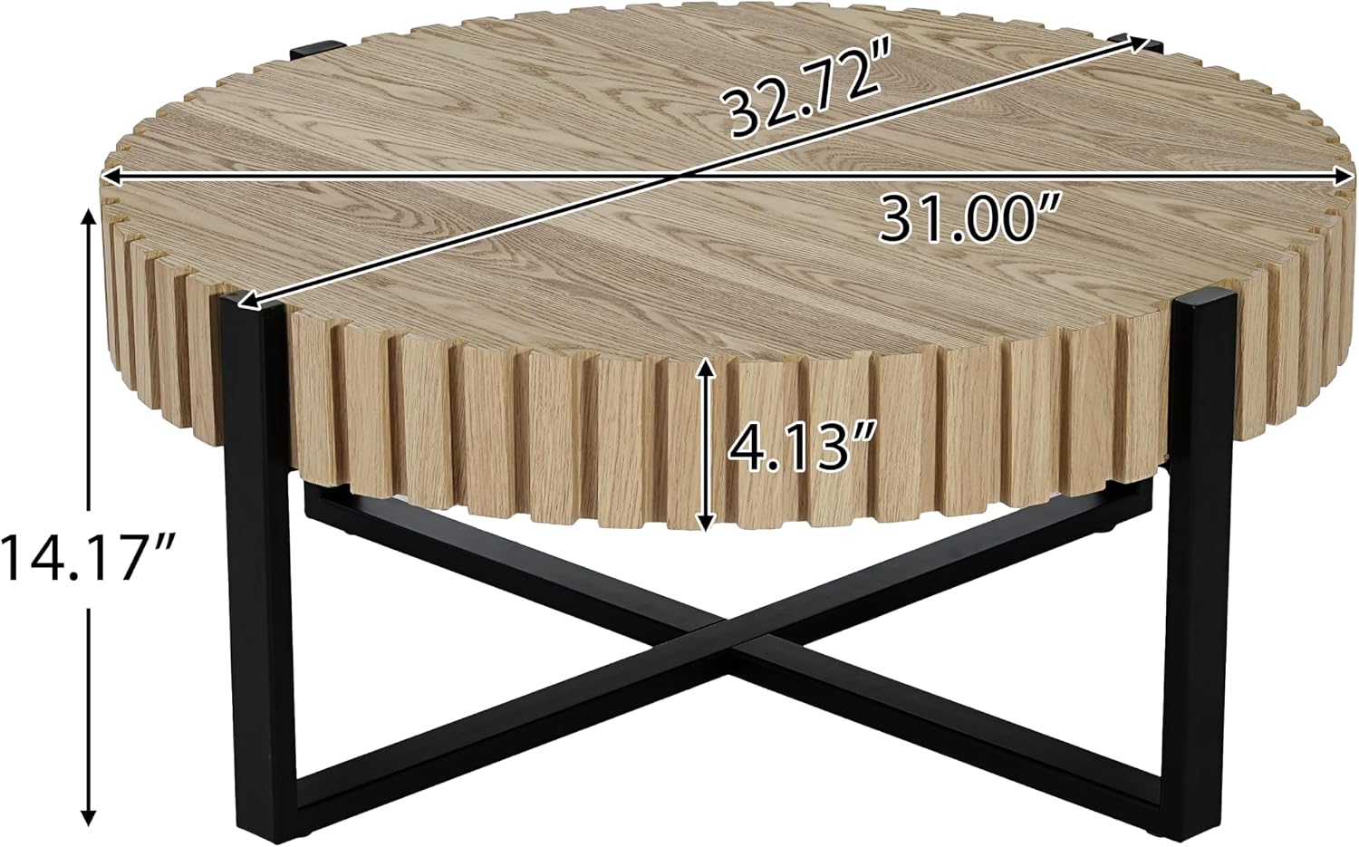 Christopher Knight Home Sol 31.5'' Modern Round Coffee Table, Indoor Living Room Side Table, Wooden End Table with Cross Metal Base, Unique Gear Motifs and Fluted Edges, Black + Natural