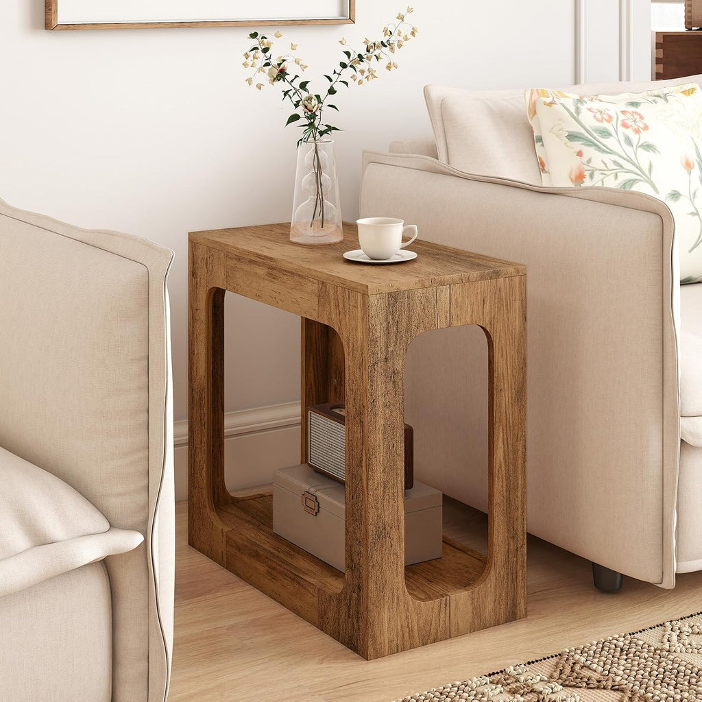 Giantex Narrow End Table Set of 2, 2-Tier Farmhouse Side Table with Open Storage Shelf, Arched Wood Night Stand for Bedroom, Small Accent Furniture for Living Room Small Spaces, Oak