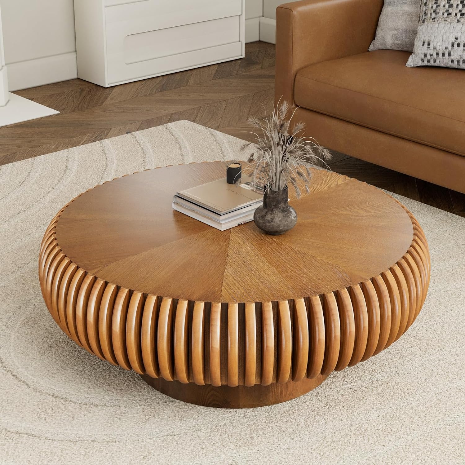Round Drum Coffee Table for Living Room, Mid Century Modern Coffee Table with Sturdy Pedestal, Farmhouse Fluted Circle Center Table Accent Tea Table for Apartment (31.5' Brown)