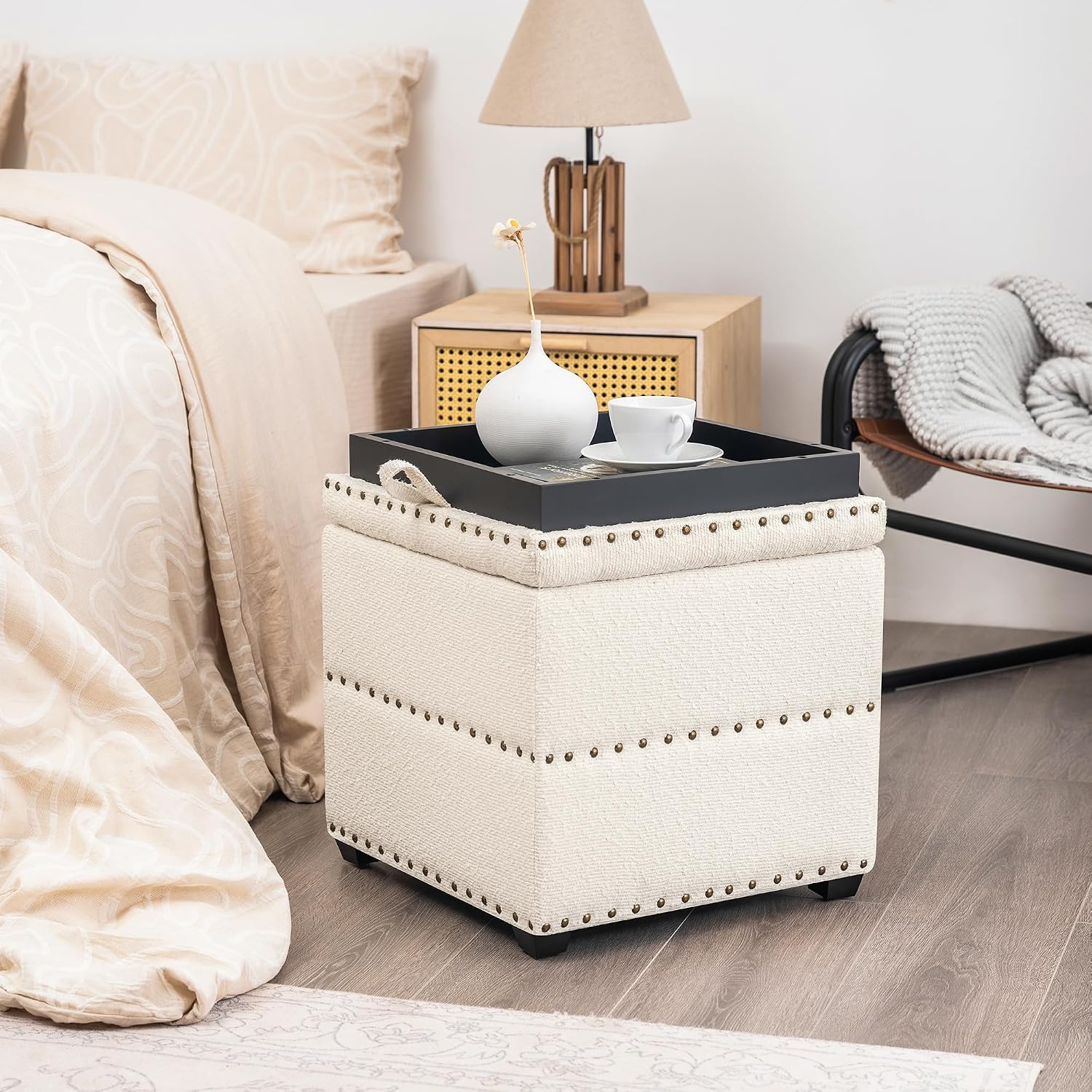 Adeco 18' Velvet Storage Ottoman with Tray Top, Modern Square Cube Footrest Coffee Table for Living Room, Bedroom, Dorm - Warm White, No Assembly Required
