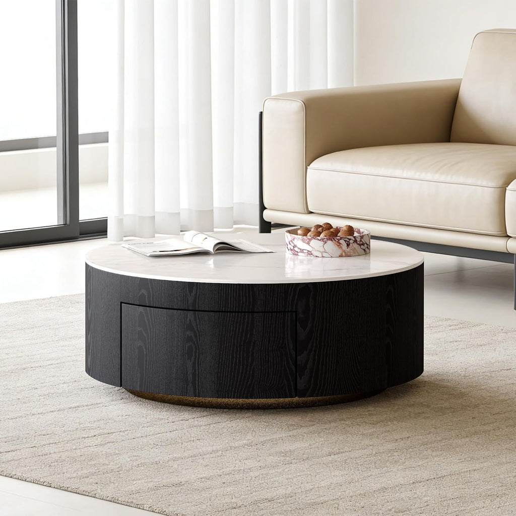 Round Coffee Table with Storage,Modern Sintered Stone & Solid Wood Center Table,Black and White Coffee Tables for Living Room,Apartment【Black,31.5'】