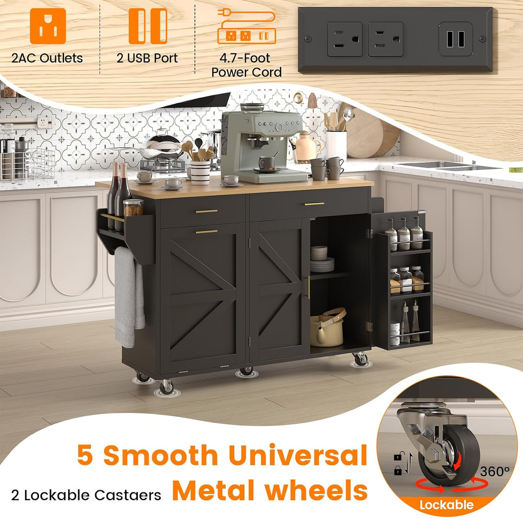VVFLU 51.8' Kitchen Island Cart with Trash Can Storage, Kitchen Island on Wheels with Power Outlet & Drop Leaf, Rolling Kitchen Cart with Towel Rack & Spice Rack, Mobile Islands Table for Kitchen