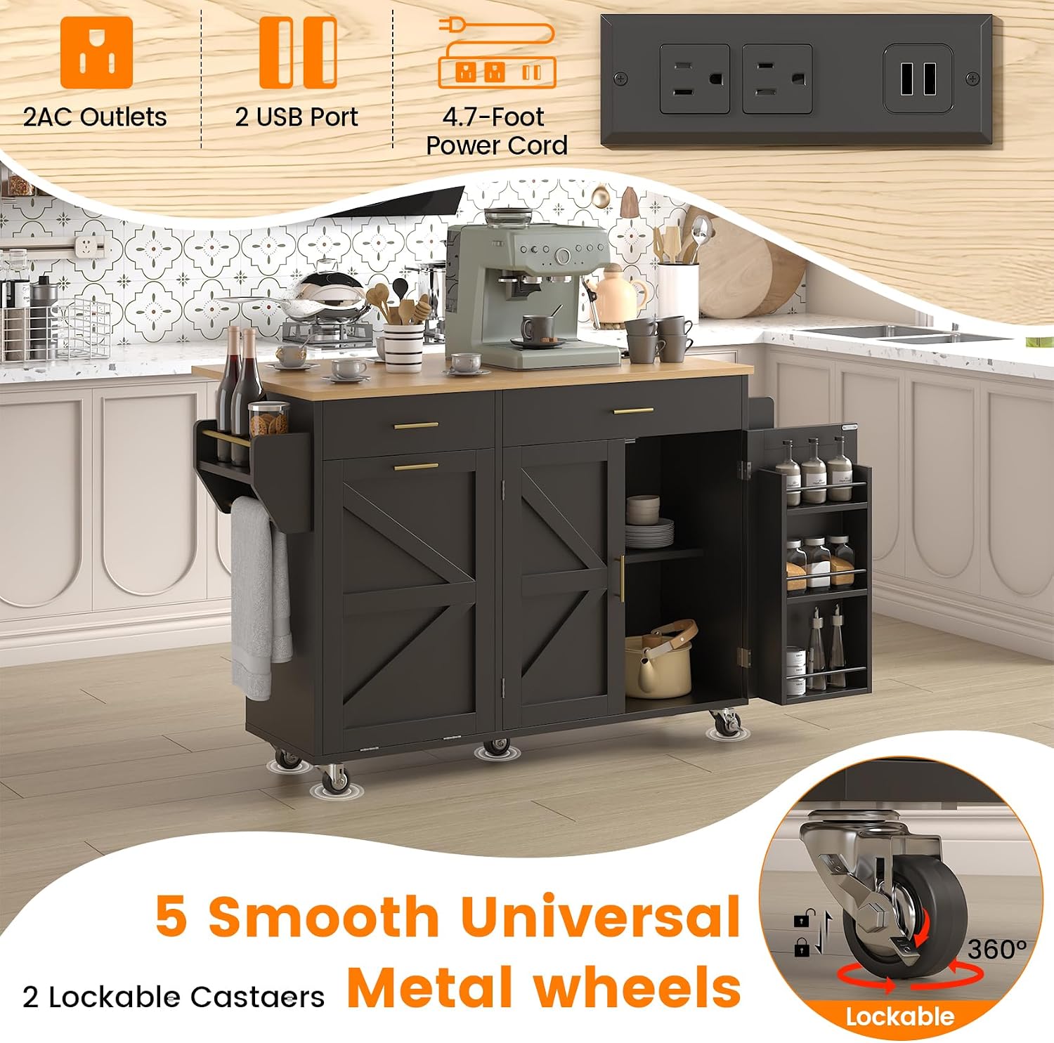 VVFLU 51.8' Kitchen Island Cart with Trash Can Storage, Kitchen Island on Wheels with Power Outlet & Drop Leaf, Rolling Kitchen Cart with Towel Rack & Spice Rack, Mobile Islands Table for Kitchen