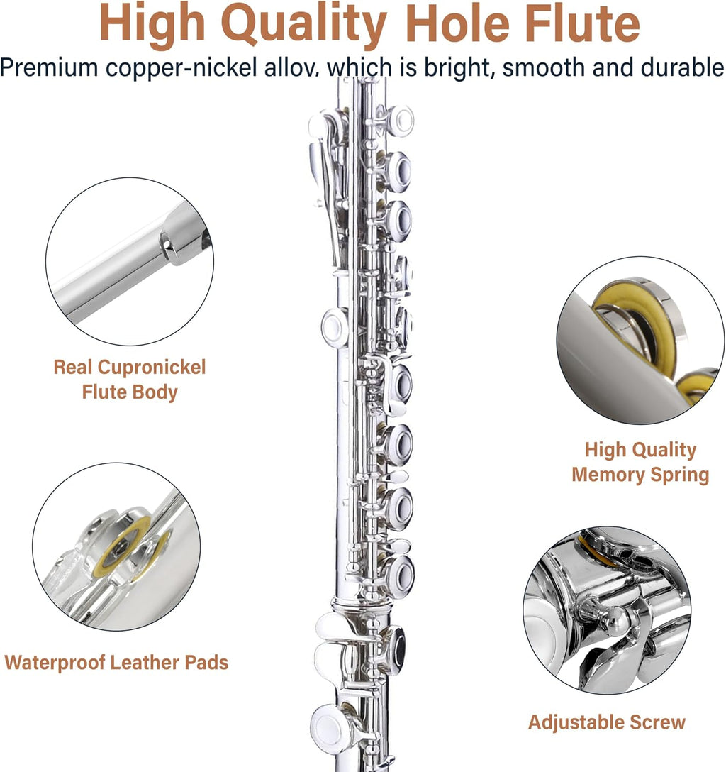Mendini By Cecilio Open/Closed Hole C Flute, 16 Keys Flute Instrument For Beginners with Carrying Case, Cork Grease, Stand, Lesson Book, Cleaning Kit, Gloves- Silver