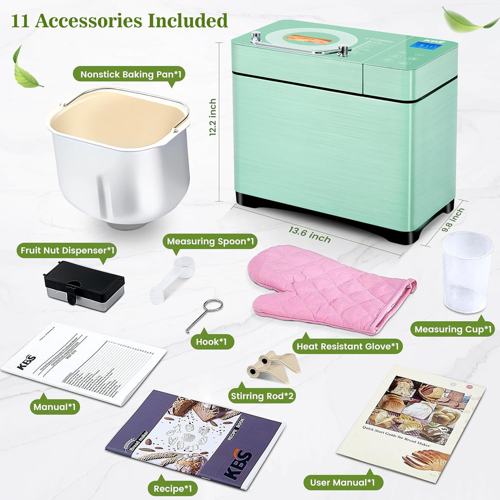 KBS 2.2LB Bread Maker, 710W Convection Bread Machine with Dual Heaters, Healthy Nonstick Ceramic Pan, Auto Nut Dispenser, 17-in-1 Bread Maker Machine for Gluten-Free, Touchscreen, 15H Delay Timer