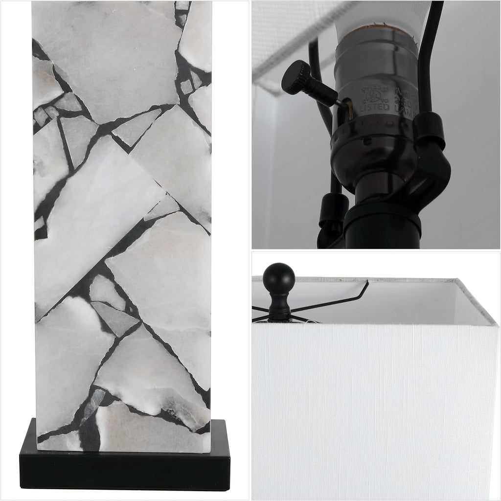 JONATHAN Y 27.5' Black White Alabaster Rectangular Table Lamp with Night Light Contemporary Coastal Bedside Lamp for Bedroom with White Linen Shade LED Bulbs Included JYL6201B