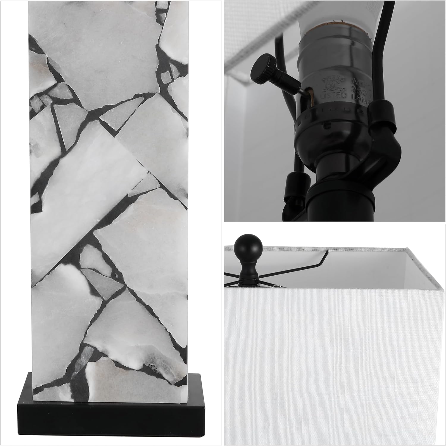 JONATHAN Y 27.5' Black White Alabaster Rectangular Table Lamp with Night Light Contemporary Coastal Bedside Lamp for Bedroom with White Linen Shade LED Bulbs Included JYL6201B