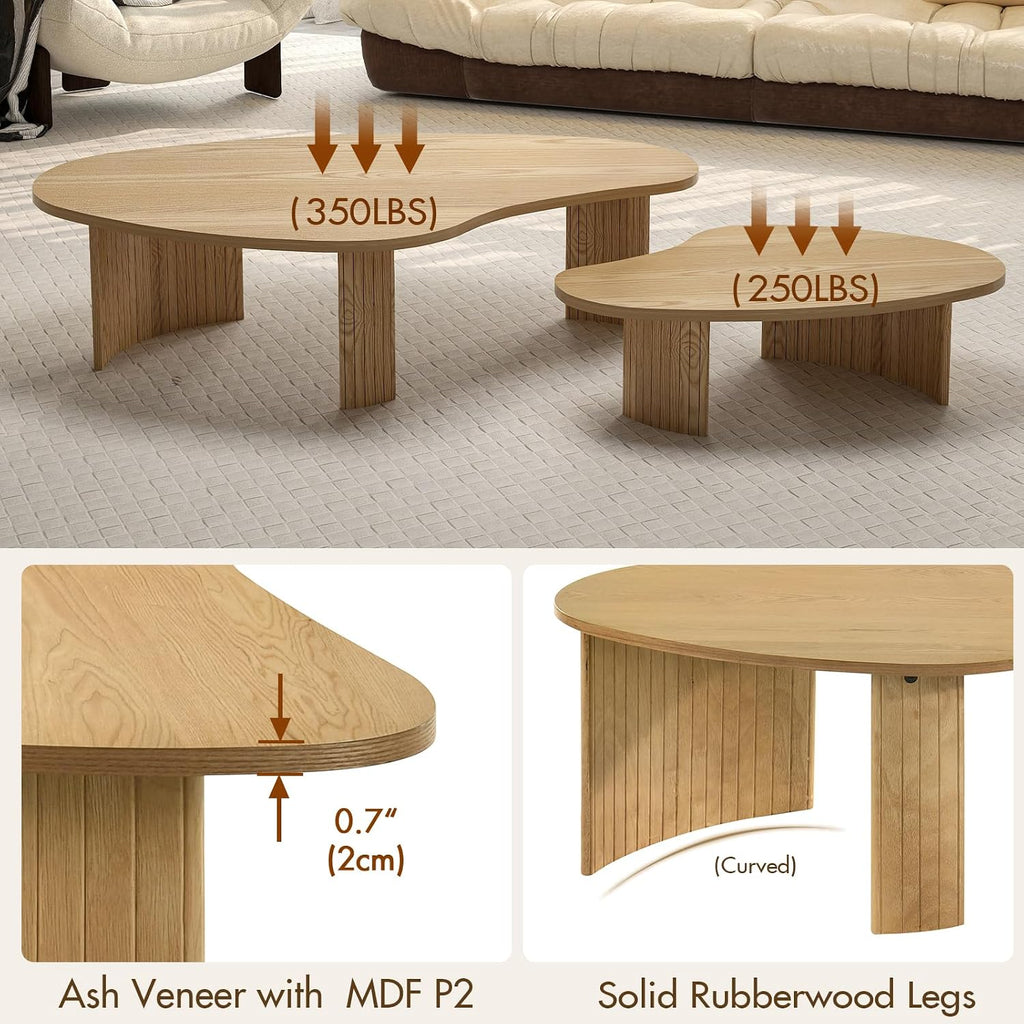 Hyfirm Modern Boho Nesting Coffee Tables, Set of 2 with Solid Wood Fluted Legs, Oval Irregular Mango Shape Modular Center Table for Living Room, Small Apartment