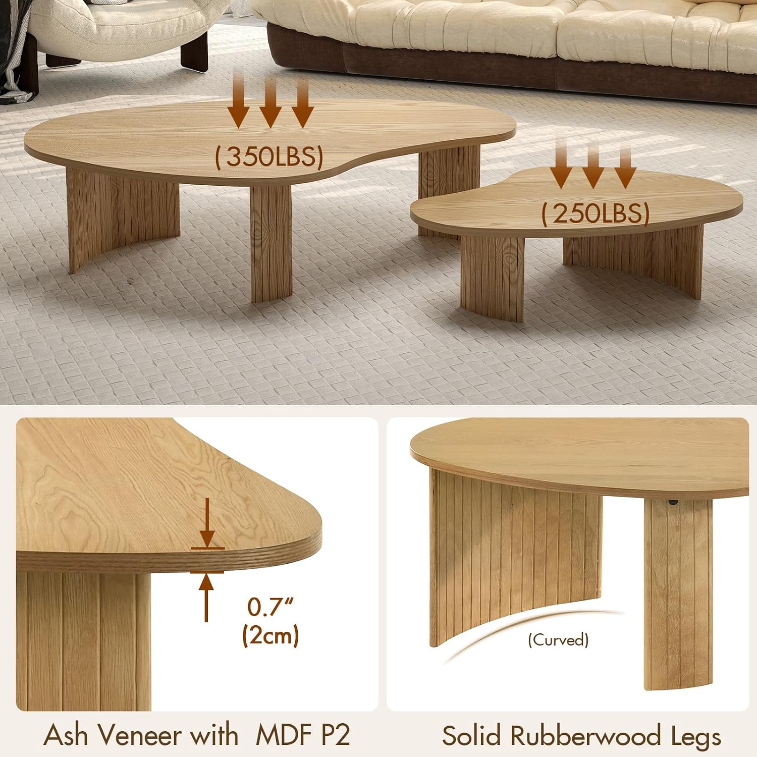 Hyfirm Modern Boho Nesting Coffee Tables, Set of 2 with Solid Wood Fluted Legs, Oval Irregular Mango Shape Modular Center Table for Living Room, Small Apartment