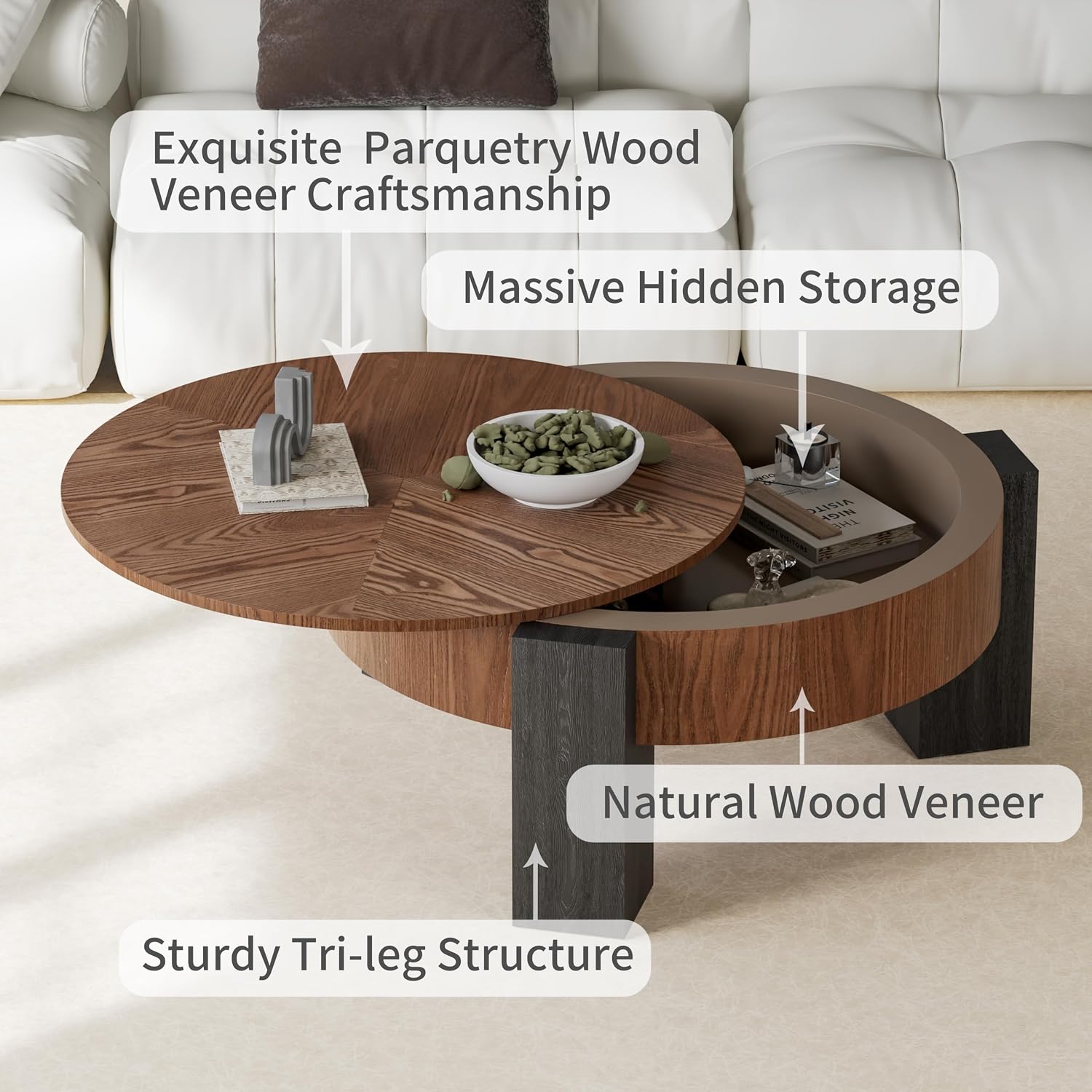 33'' Round Coffee Table with Hidden Storage, Modern Wood Veneer Top, 3 Block Legs Sturdy Center Accent Table for Living Room, Small Space, Walnut & Black