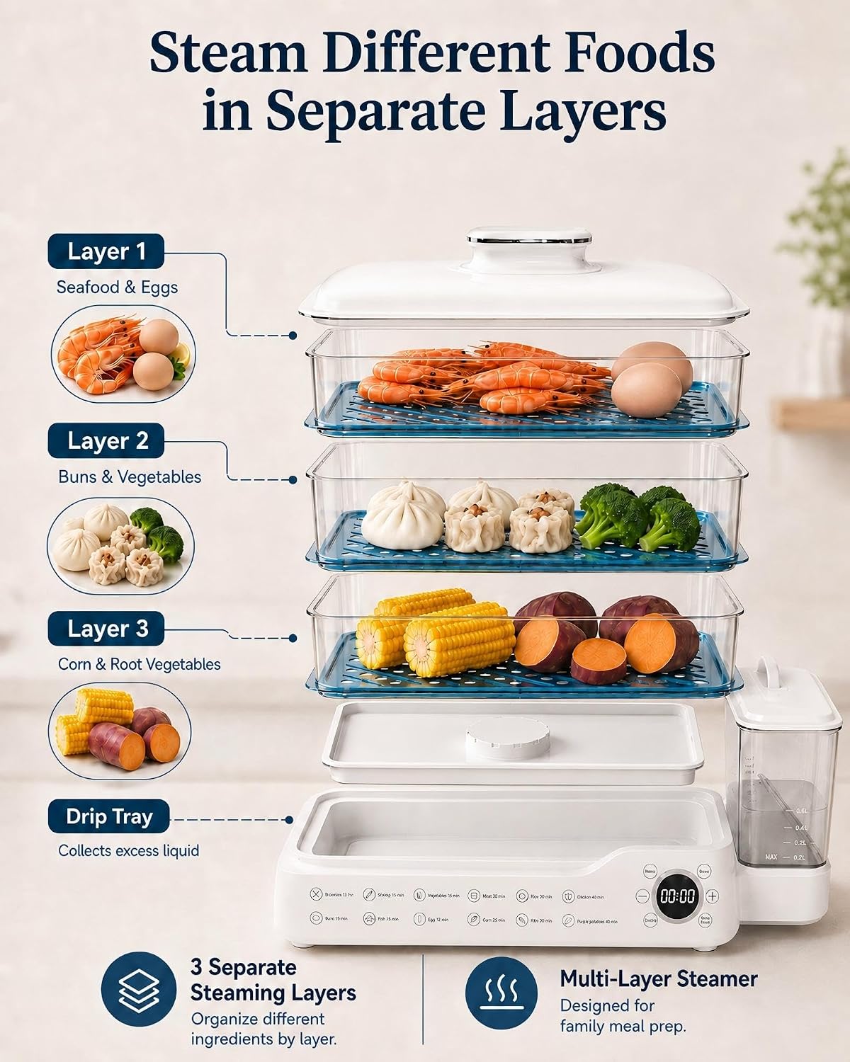 24L Electric Vegetable Steamer, 3-Tier Digital cooking steamer with 24-Hour Delay Start, Keep Warm, Removable Water Tank and Stainless Steel Trays for Dumplings, Seafood, Eggs and Rice