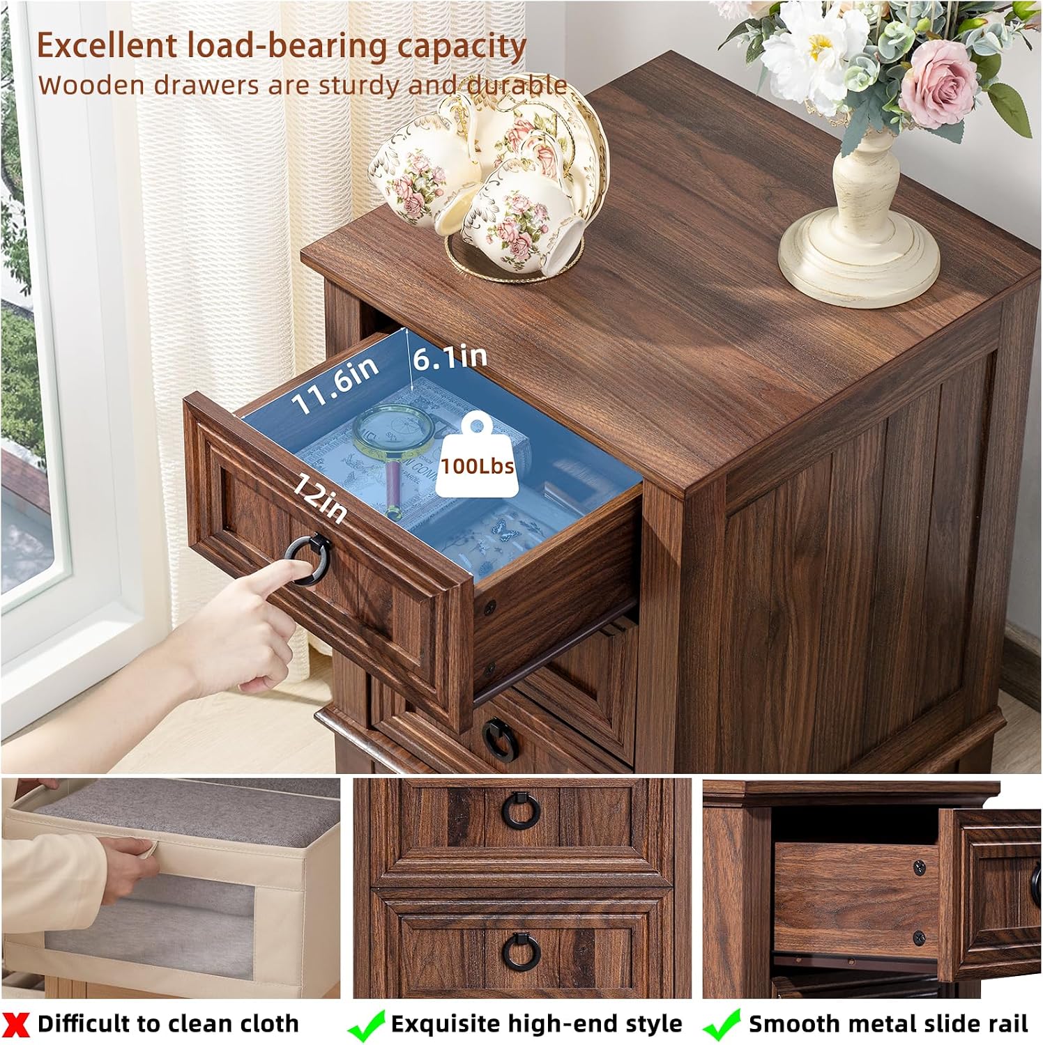 Joaxswe 18' Farmhouse Night Stand with 3 Drawers, Wood End Table Dresser for Bedroom, Retro Nightstand, Bed Side Table with Metal Handle, Bedside Cabinet for Bedroom Living Room, Closet