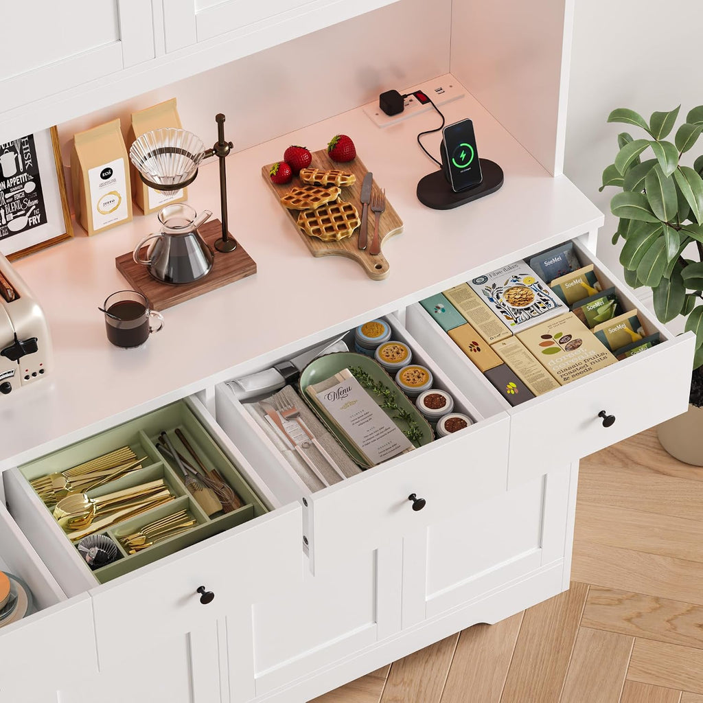 HIFIT 72' LED Kitchen Pantry Cabinet with Power Outlet & Cup Hooks, Tall Kitchen Hutch Storage Cabinets with Countertop Microwave Stand, Food Pantry Cabinet with Drawers for Dining Living Room, White