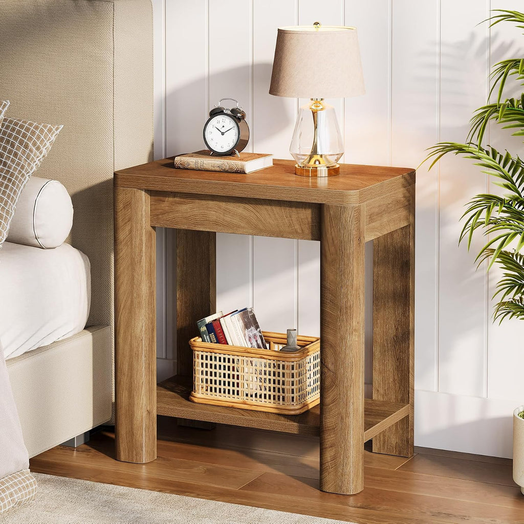 Tribesigns End Table for Living Room, Farmhouse Wooden Side Table with Storage Shelf, Small Narrow Bedside Accent Furniture for Bedroom (Brown, 2PCS)