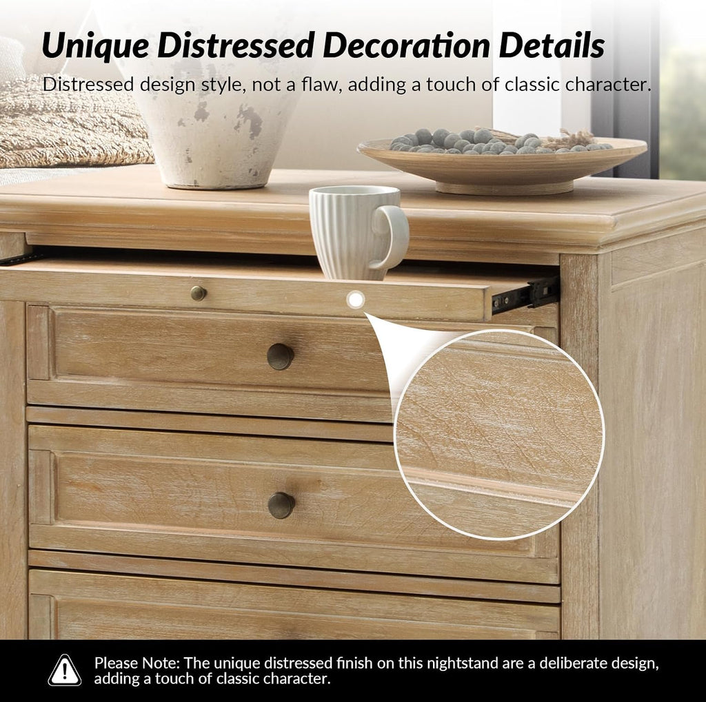 HULALA HOME Farmhouse 3 Drawer End Table with Tray, Drawer Organizer with Solid Wood Legs, End Table with Charging Station（Natural, Set of 2）