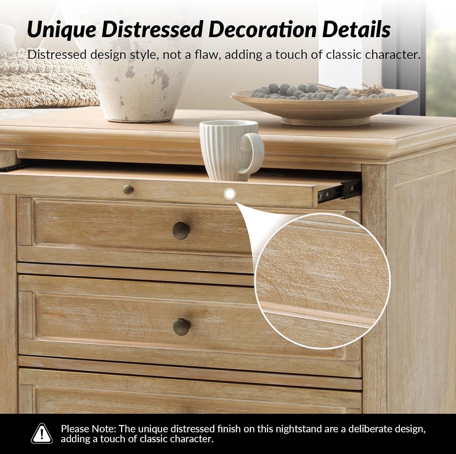 HULALA HOME Farmhouse 3 Drawer End Table with Tray, Drawer Organizer with Solid Wood Legs, End Table with Charging Station（Natural, Set of 2）