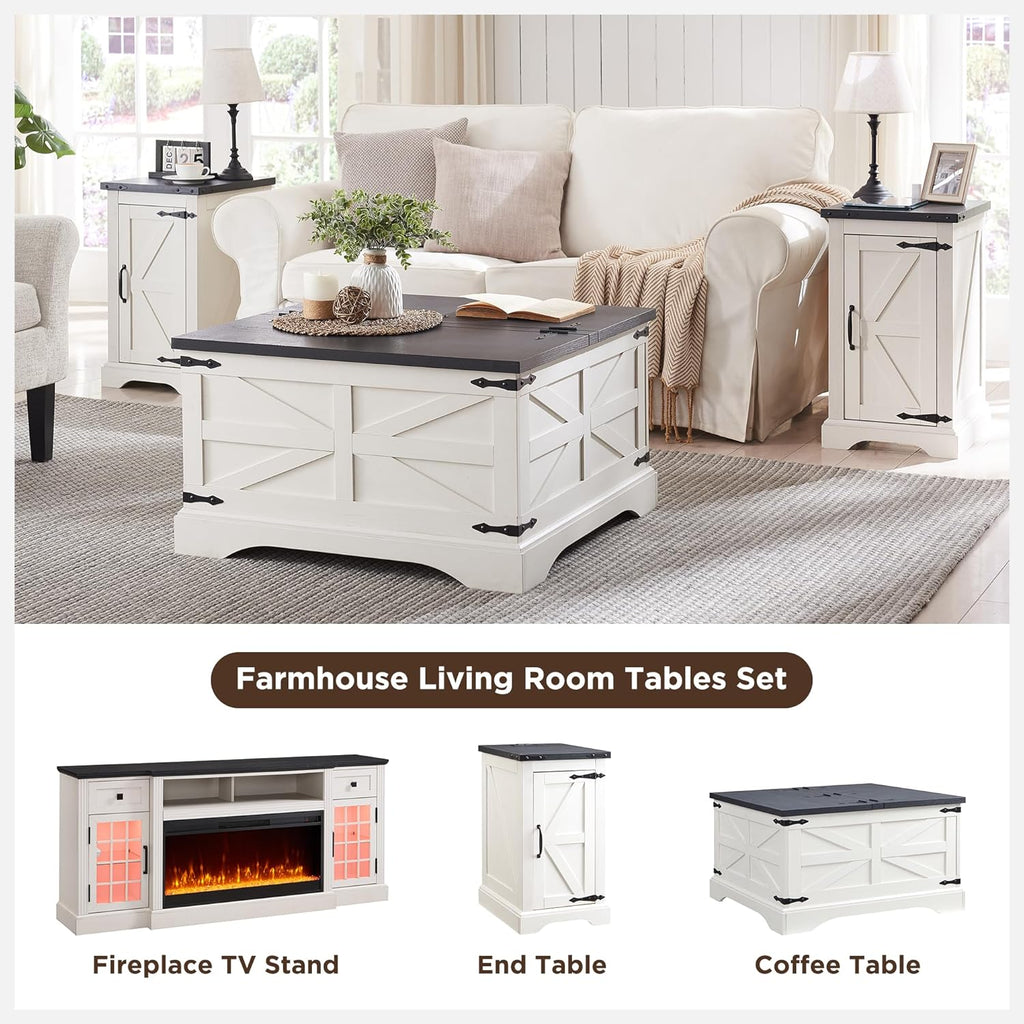 JXQTLINGMU 36' Lift Top Coffee Table with Storage, Farmhouse Square Center Table with Large Hidden Compartment, Wood Lift Tabletop Dining Table for Home Living Room, White