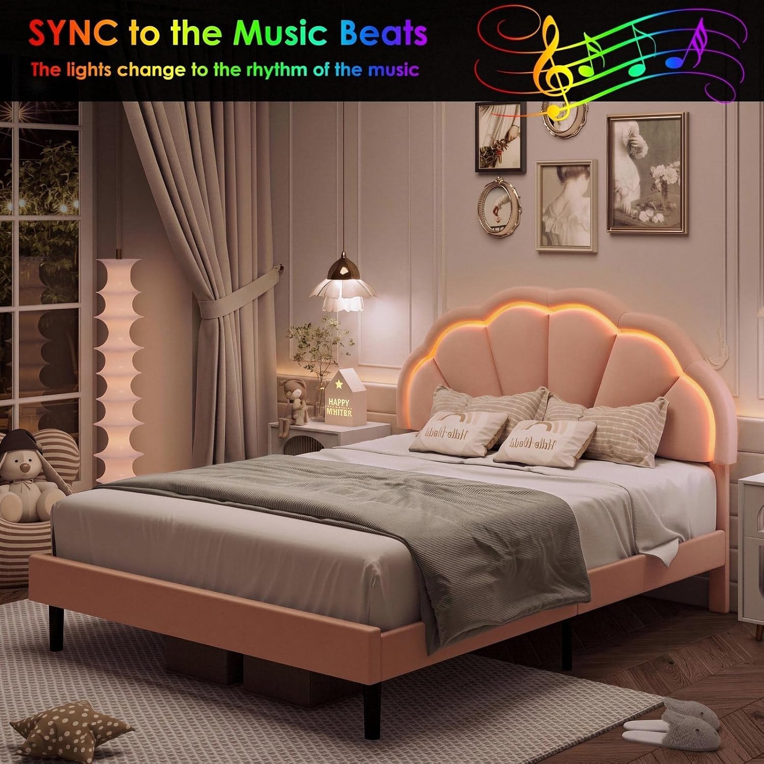 HIFIT Full Upholstered Smart LED Bed Frame with Adjustable Chic Petal Headboard, Princess Full Size Platform Bed Frames for Girls, Wooden Slats Support, No Box Spring Needed, Easy Assembly, Pink