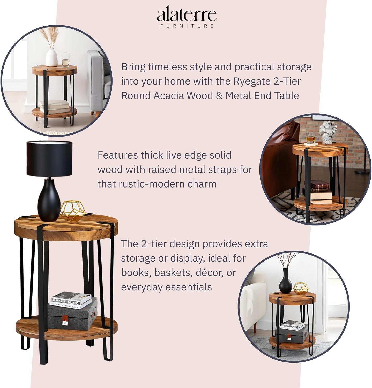 Ryegate 2-Tier Round Acacia Wood & Metal End Table with Bottom Shelf – Rustic Modern Accent Table with Live Edge, Natural Finish and Metal Straps for Living Room or Bedroom by Alaterre Furniture