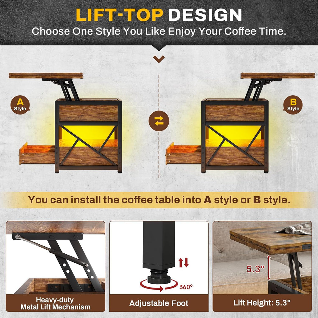 Itaar 40' Lift Top Coffee Table, 4 in 1 Coffee Tables with Storage for Living Room, Small Farmhouse Coffee Table with 2 Drawers & LED Light for Dining Reception Room, Rustic Brown
