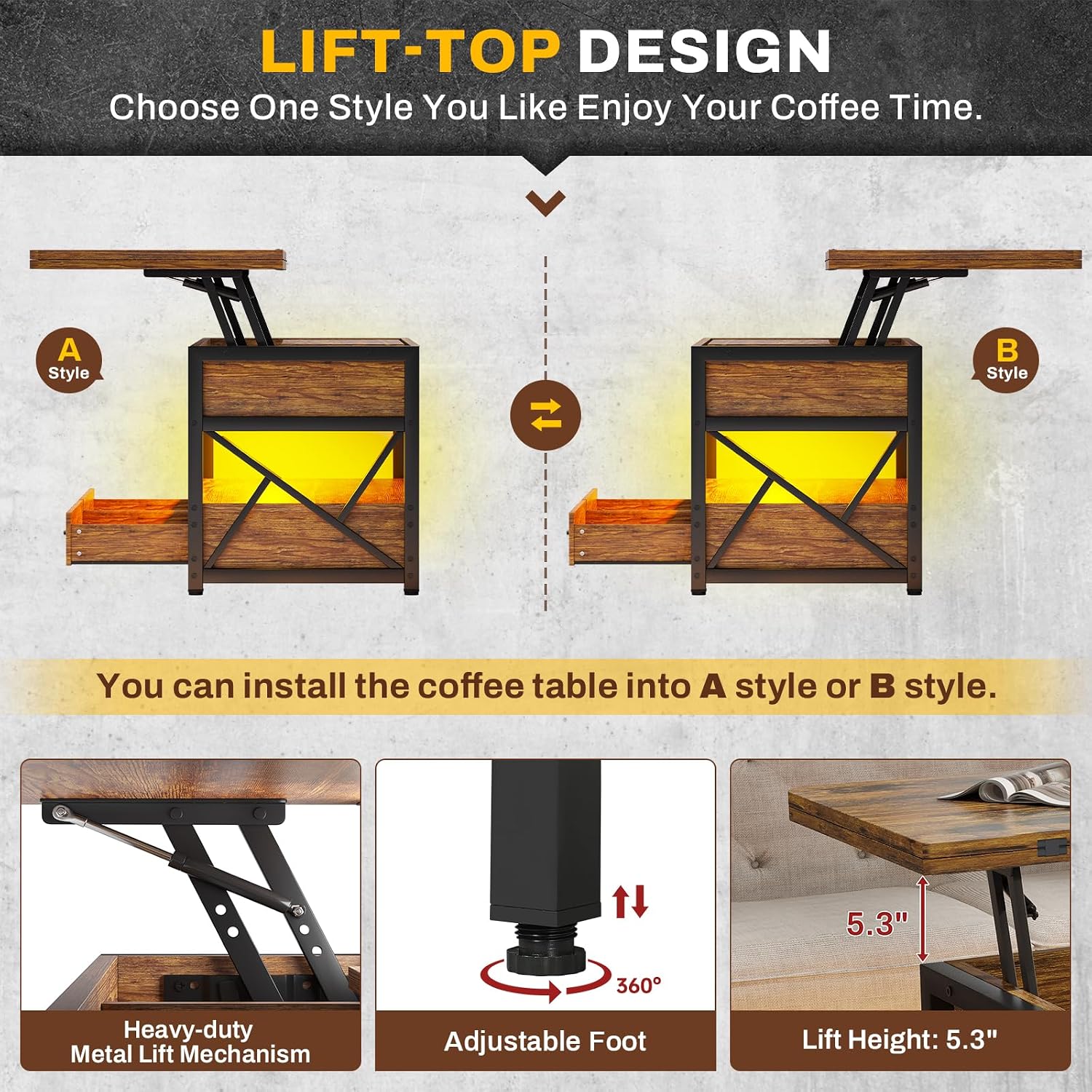 Itaar 40' Lift Top Coffee Table, 4 in 1 Coffee Tables with Storage for Living Room, Small Farmhouse Coffee Table with 2 Drawers & LED Light for Dining Reception Room, Rustic Brown
