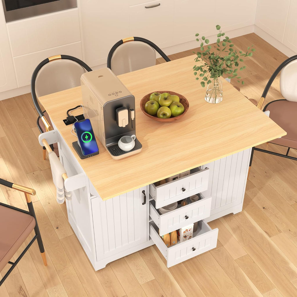 2 Drop Leaf Kitchen Island on Wheels, Farmhouse Rolling Kitchen Cart with Power Outlets, Kitchen Island Table with 2 Storage Cabinet, 3 Drawers and Spices Rack