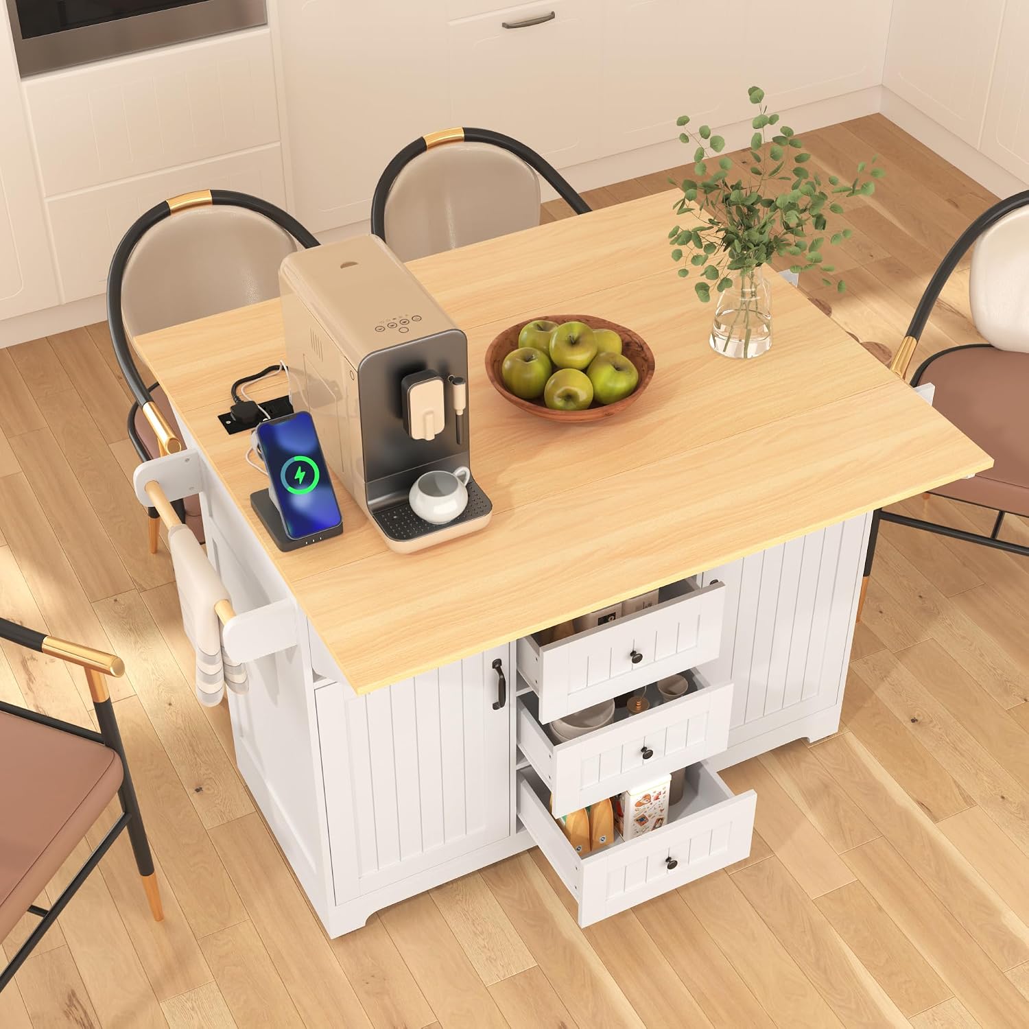 2 Drop Leaf Kitchen Island on Wheels, Farmhouse Rolling Kitchen Cart with Power Outlets, Kitchen Island Table with 2 Storage Cabinet, 3 Drawers and Spices Rack