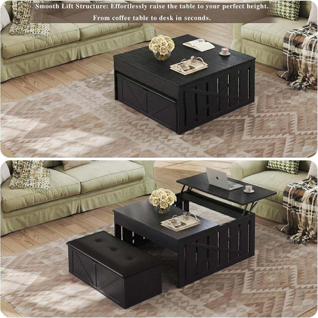 HUAHUU Coffee Table, 31.5 Lift Top Coffee Tables with Storage Hidden Compartment, Farmhouse Coffee Tables with Ottoman Bench, Center Table with Wooden Lift Tabletop for Living Room, Black