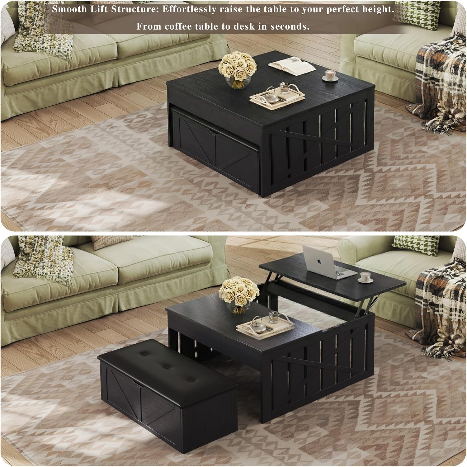 HUAHUU Coffee Table, 31.5 Lift Top Coffee Tables with Storage Hidden Compartment, Farmhouse Coffee Tables with Ottoman Bench, Center Table with Wooden Lift Tabletop for Living Room, Black