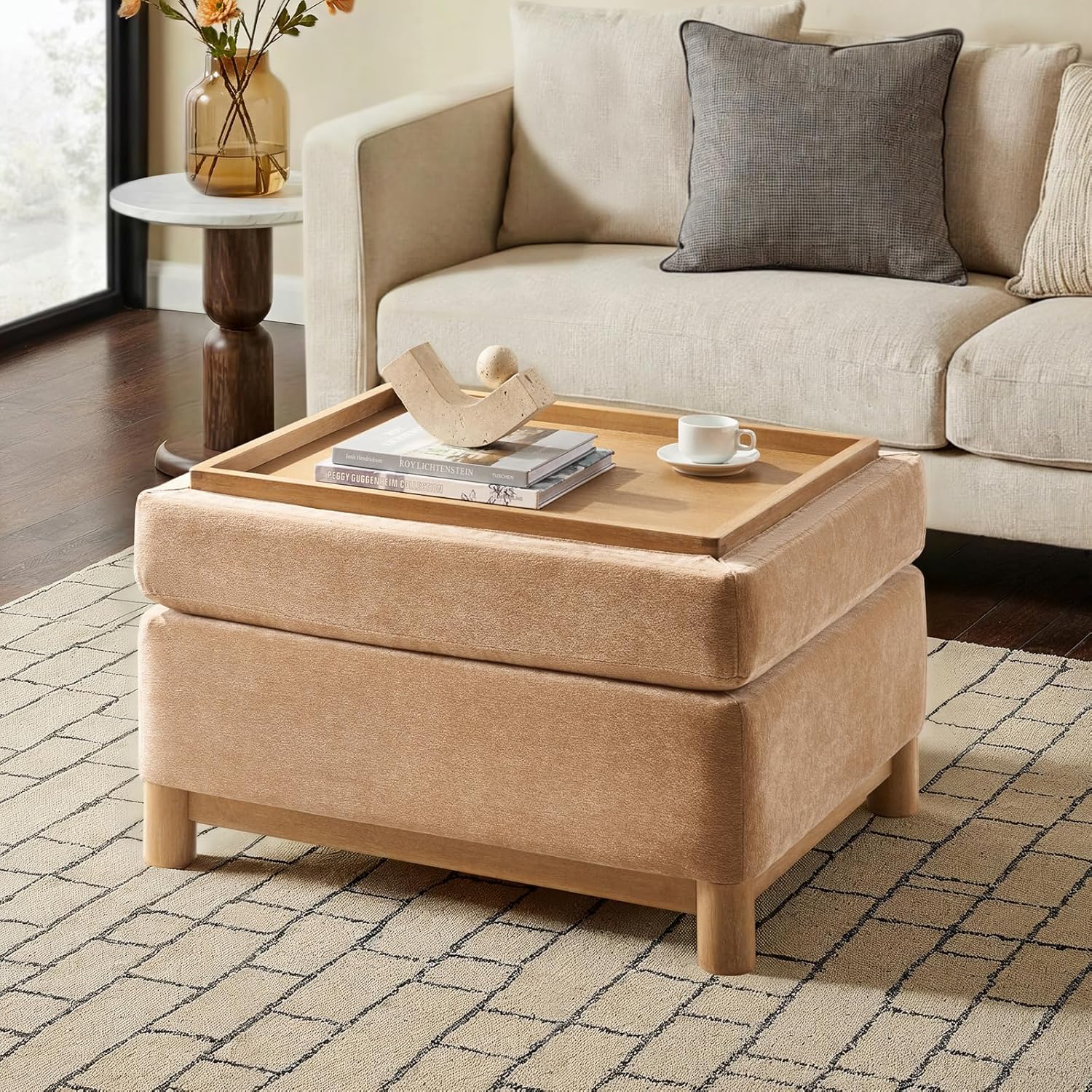 HULALA HOME 30.25' Ottoman Coffee Table with Reversible Tray Lid, Modern Upholstered Storage Ottoman with Solid Wood Base, Removable Top, Footrest and Extra Seating for Bedroom or Living Room, Camel