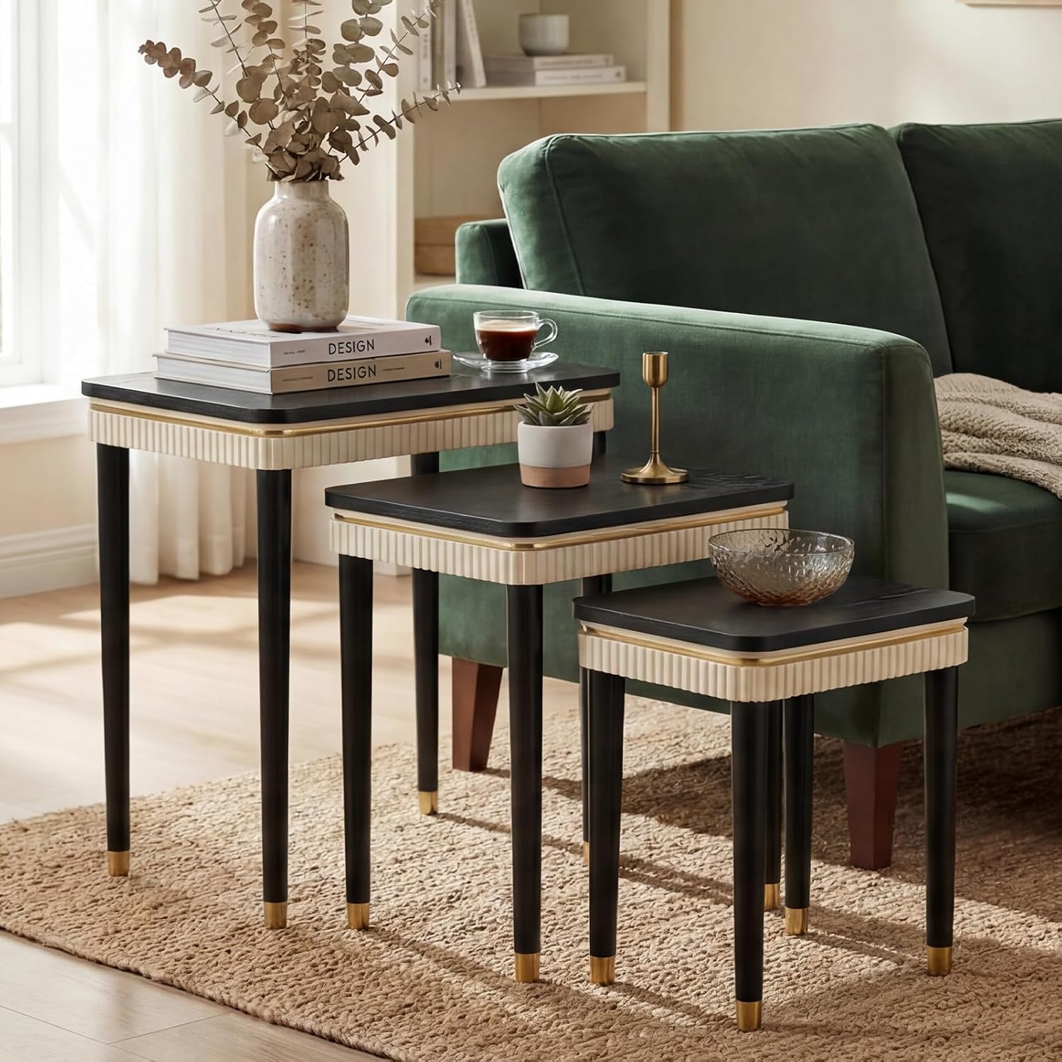 Hyfirm Black Side Table End Table Nesting Tables Set of 3, Retro Nesting Tables with Veneered Top & Gold Trim, Mid Century Modern Nesting Wood Coffee Tables for Living Room/Bedroom/Apartment