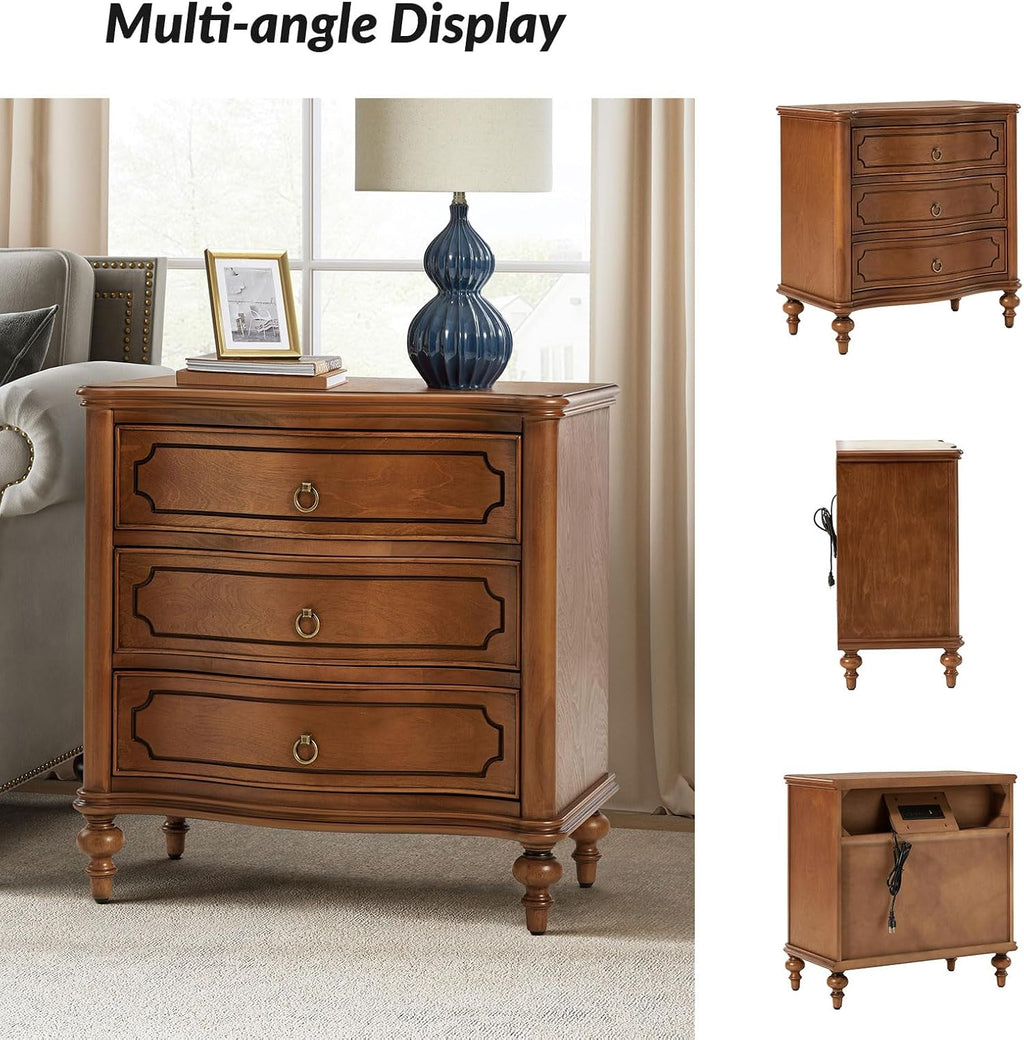 HULALA HOME Traditional Side Table with 3 Drawers, Tall Side Table with Curved Front Profle Desgin, Charging Station, Solid Wood Legs, Walnut