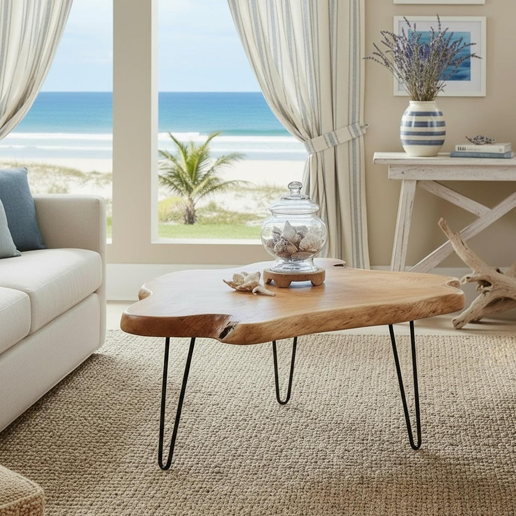 WELLAND Live Edge Cedar Wood Coffee Table with Metal Hairpin Legs 32.5' W x 17' D x 16' H for Living Room, Patio, Bedroom, Home Office