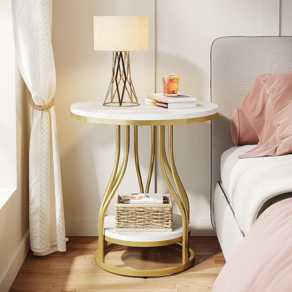 Tribesigns Round Side End Table 2-Tier End Tables Modern Bedside Table Small Chairside Tables with Storage for Couch Side, Nightstand with Metal Frame for Living Room (2 pcs, White+Gold)