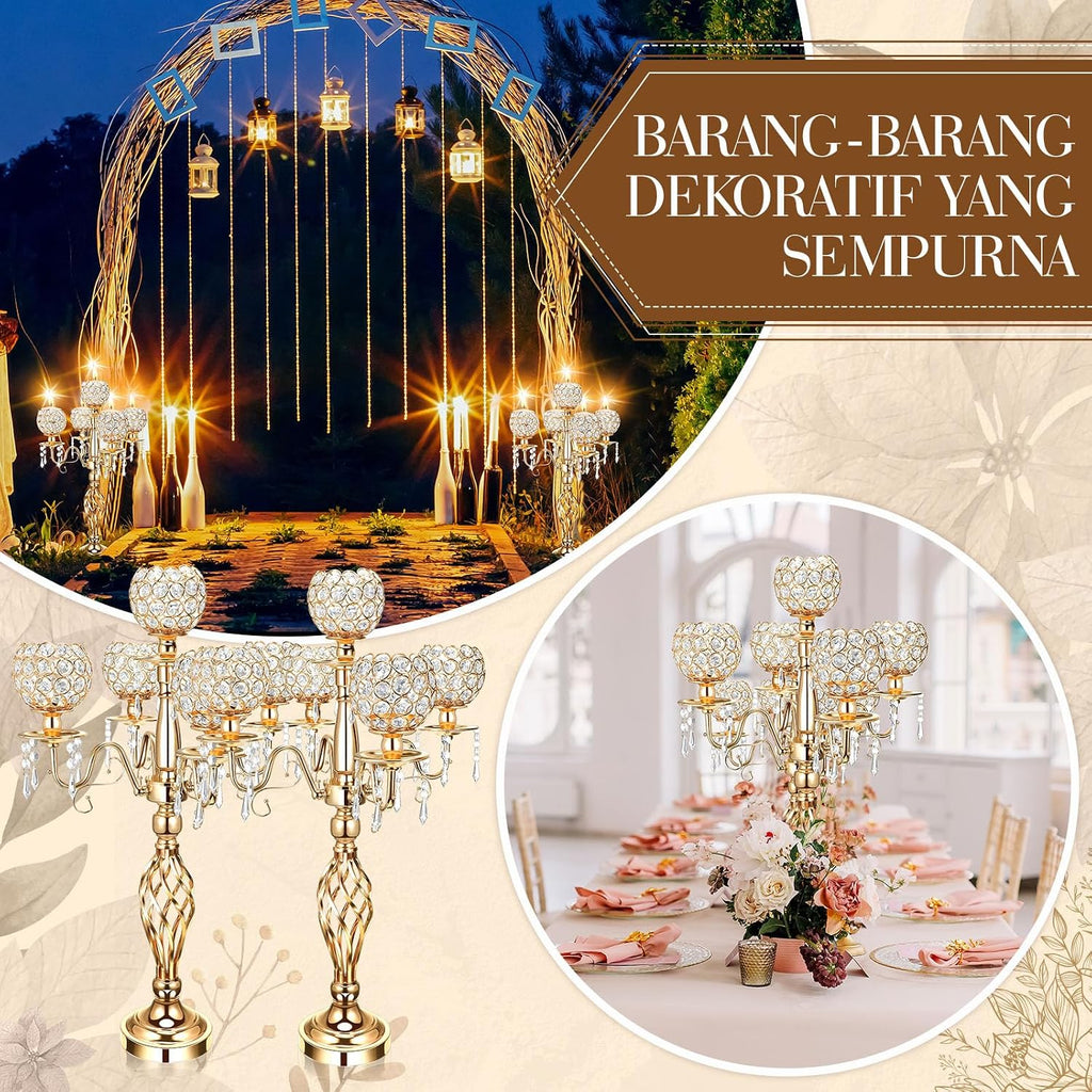 Nitial 8 Pcs 5 Arm Crystal Candelabra Centerpieces for Table 27 Inch Retro Victorian Crystal Candle Holders Bowl Table Centerpieces Decor for Wedding Banquet Valentine Dinner Party Event (Gold)