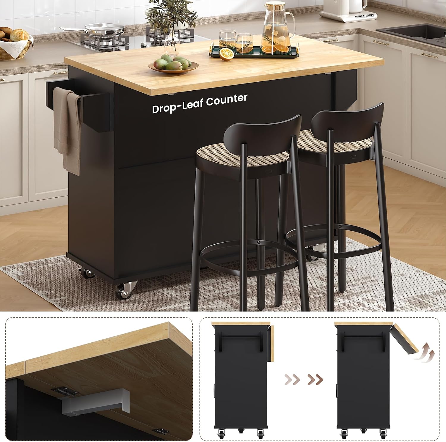 VVFLU Rolling Kitchen Island On Wheels, Kitchen Island Cart with Drop Leaf Countertop, Barn Door Kitchen Island Table with Storage Cabinet and 2 Drawer, 5 Wheels, Towel Rack and Spice Rack, Black