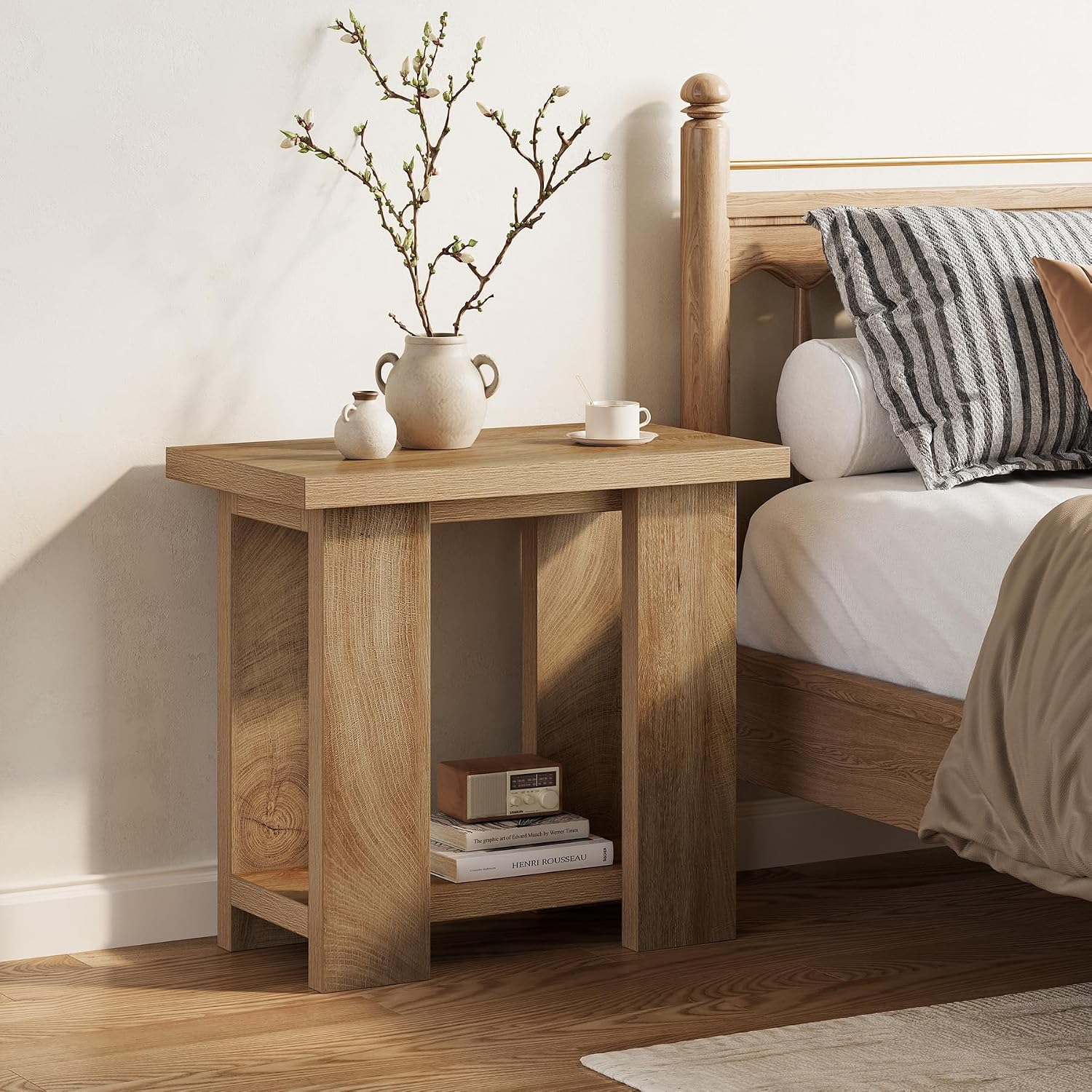 LITTLE TREE 2-Tier Side Table, Set of 2 Farmhouse End Table with Storage Shelves, Small Nightstand Wooden Beside Table Bed Side Table for Small Spaces, Living Room, Bedroom, Brown