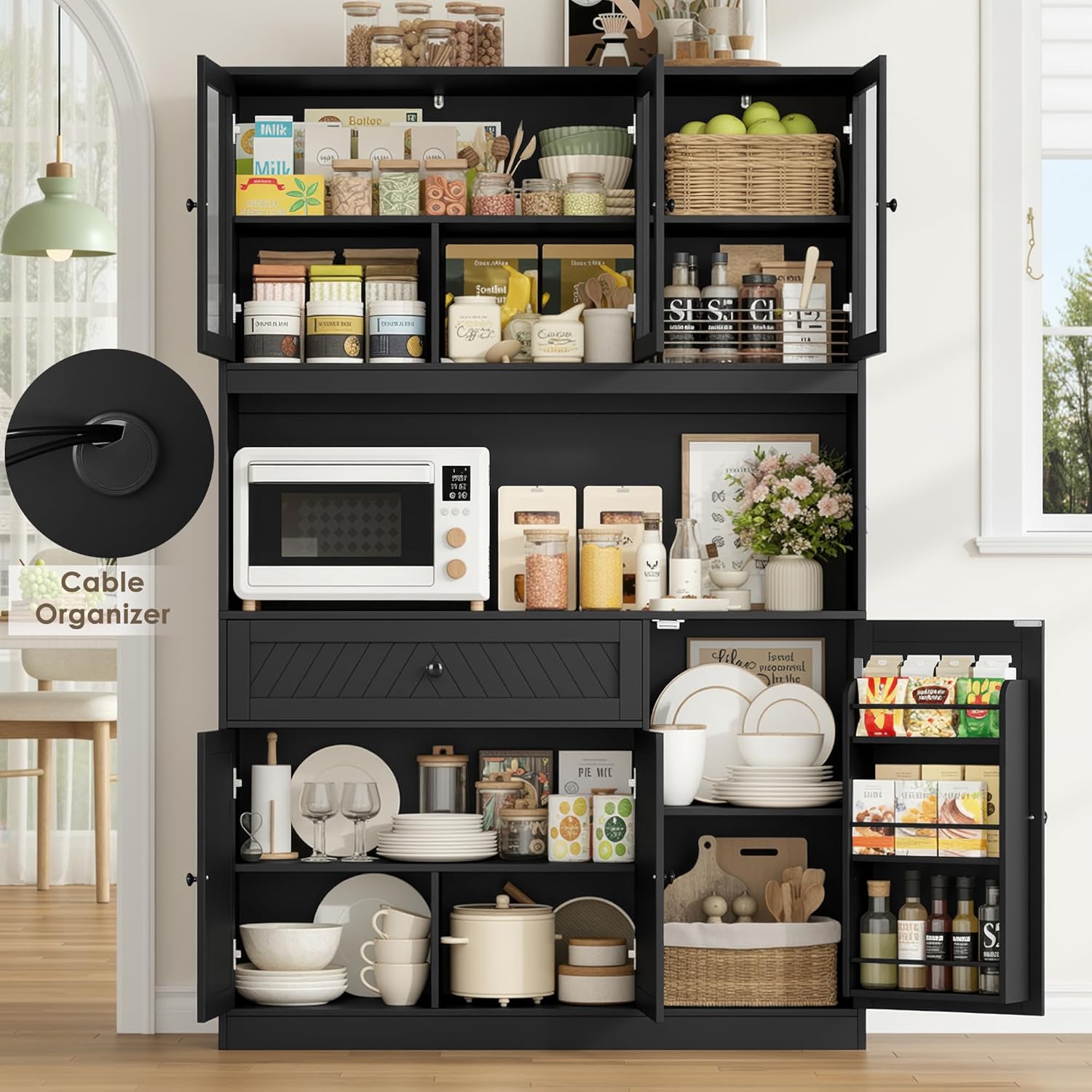 BOTLOG 72' Tall Kitchen Pantry Storage Cabinet, Modern White Kitchen Hutch with Large Storage Drawer, Countertop, Adjustable Shelves, Food Pantry Cabinets for Dining Room, Living Room (Black)