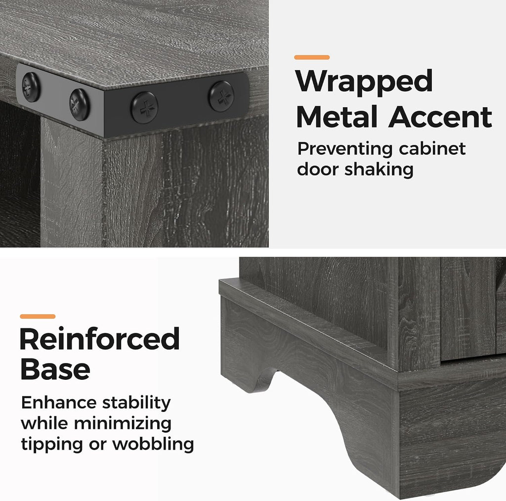 RoyalCraft Farmhouse Nightstand Set of 2, End Table with Charging Station, Tall Bedside Table with Large Storage and Shelf, Wooden Side Table with for Bedroom, Home Office, Dark Grey
